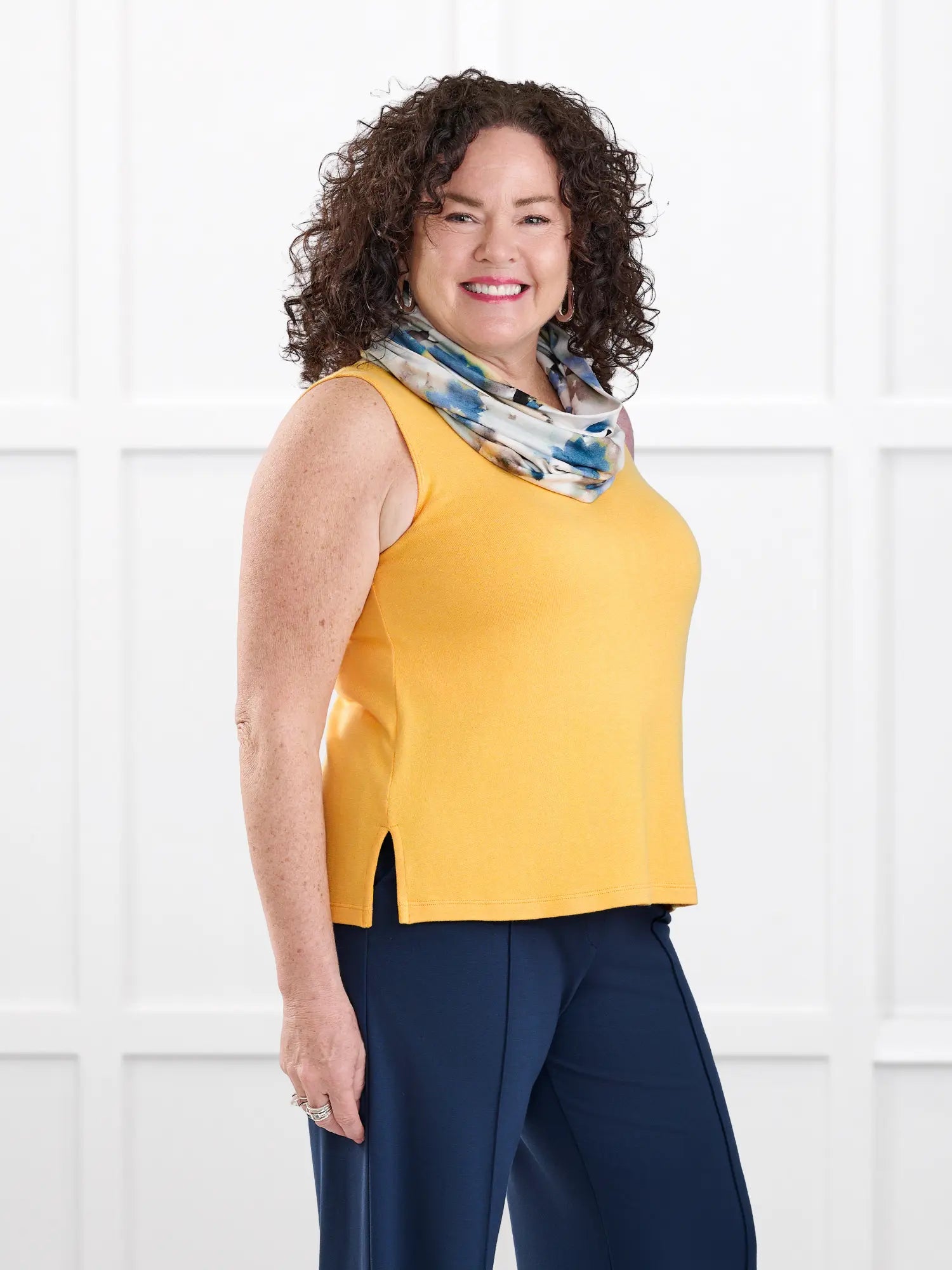 Ricki reversible neckline sweater knit tank for women in Daffodil on model Kerri, size M @Kerri-M