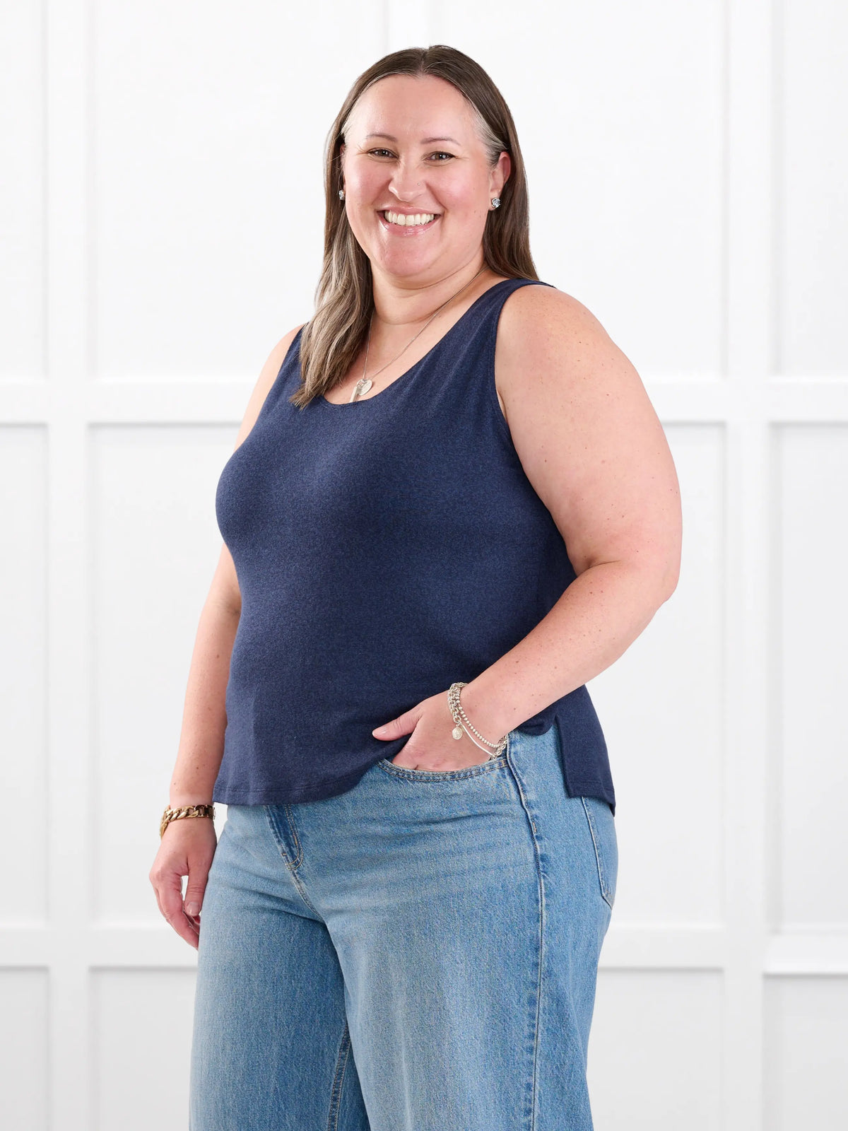 Ricki reversible neckline sweater knit tank for women in Midnight blue on model Cristina, size XXL @Cristina-XXL