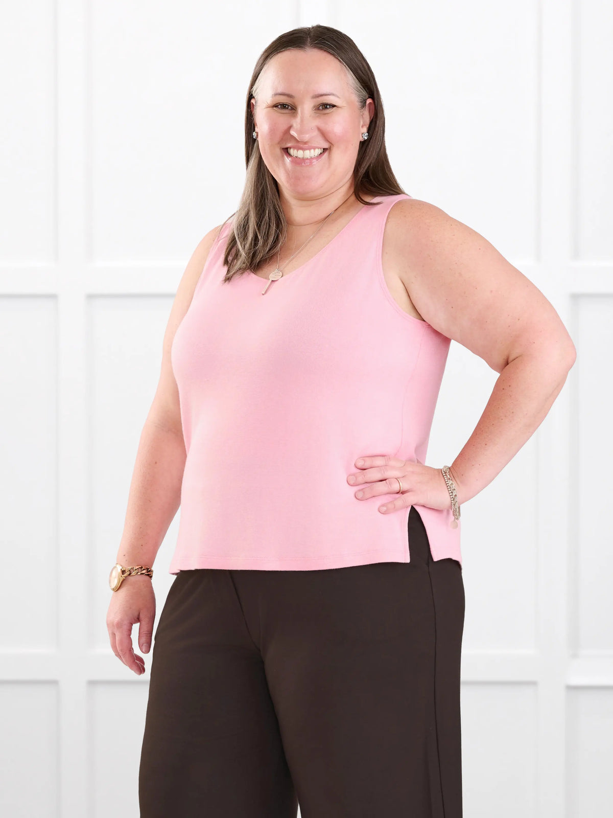 Ricki reversible neckline sweater knit tank for women in Whisper pink on model Cristina, size XXL @Cristina-XXL