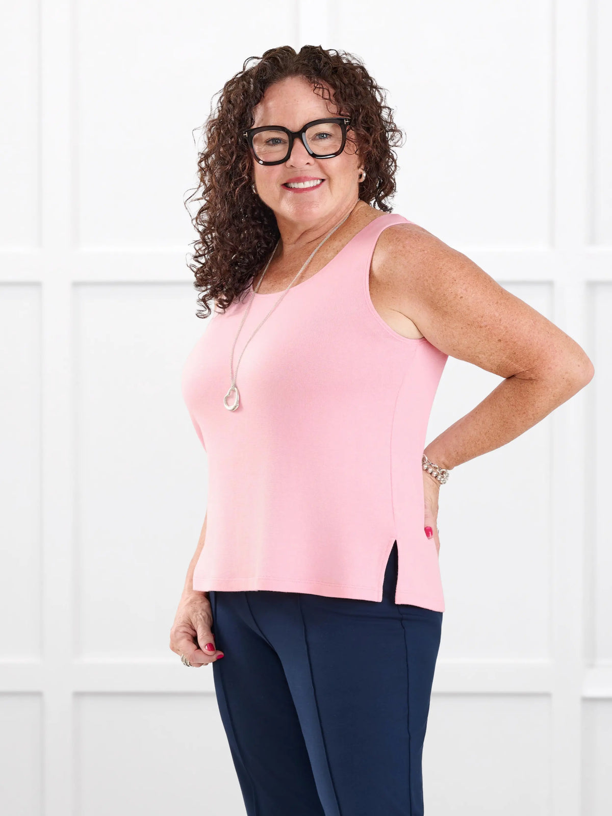 Ricki reversible neckline sweater knit tank for women in Whisper pink on model Kerri, size M @Kerri-M
