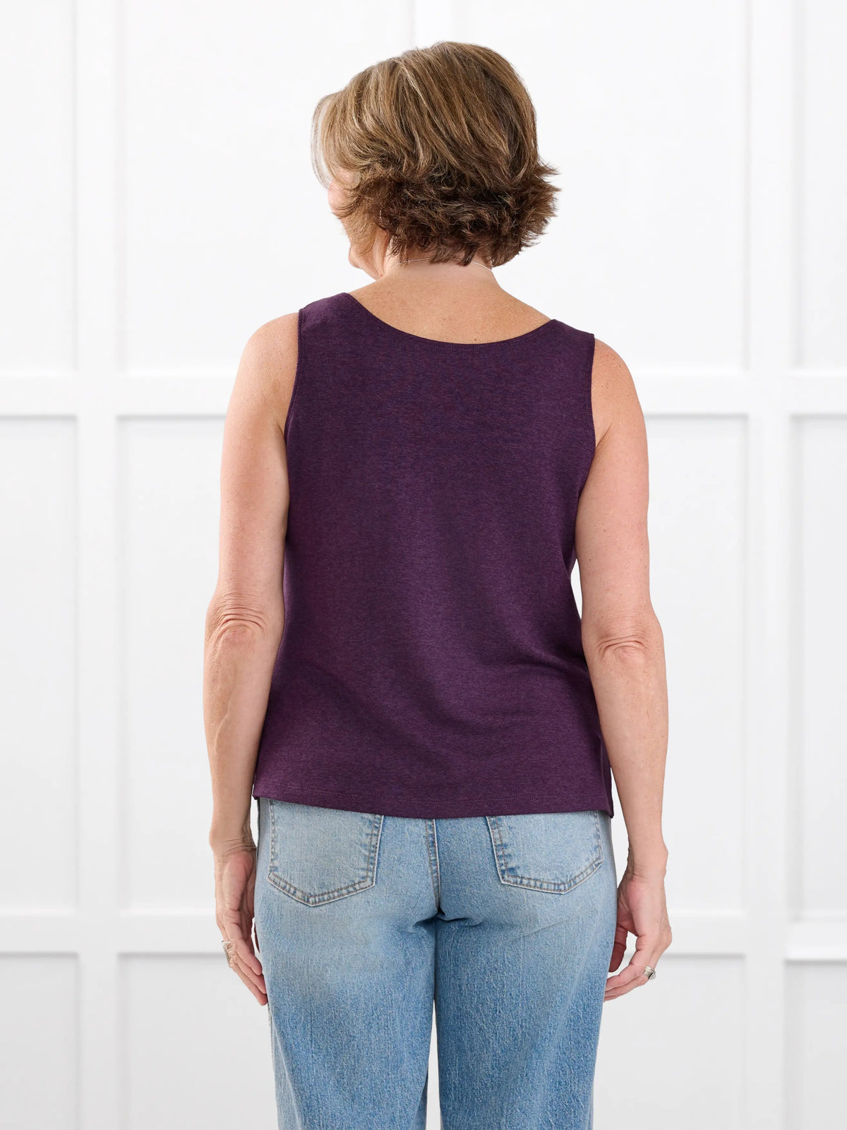 Ricki reversible neckline sweater knit tank for women in Blackcurrant on model Donna, size S @Donna-S