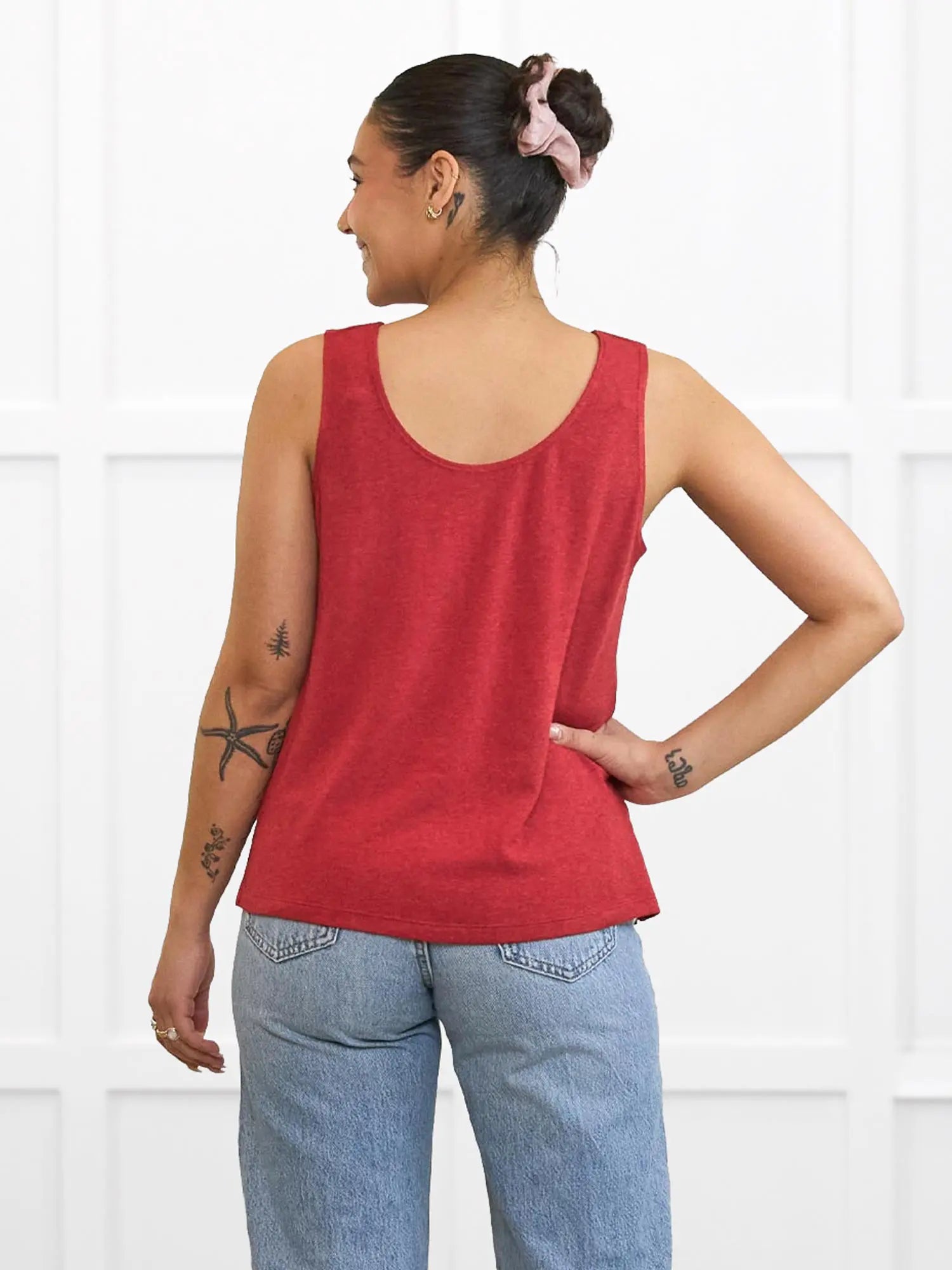 Ricki reversible neckline sweater knit tank for women in Chili on model Meron, size XS @Meron-XS