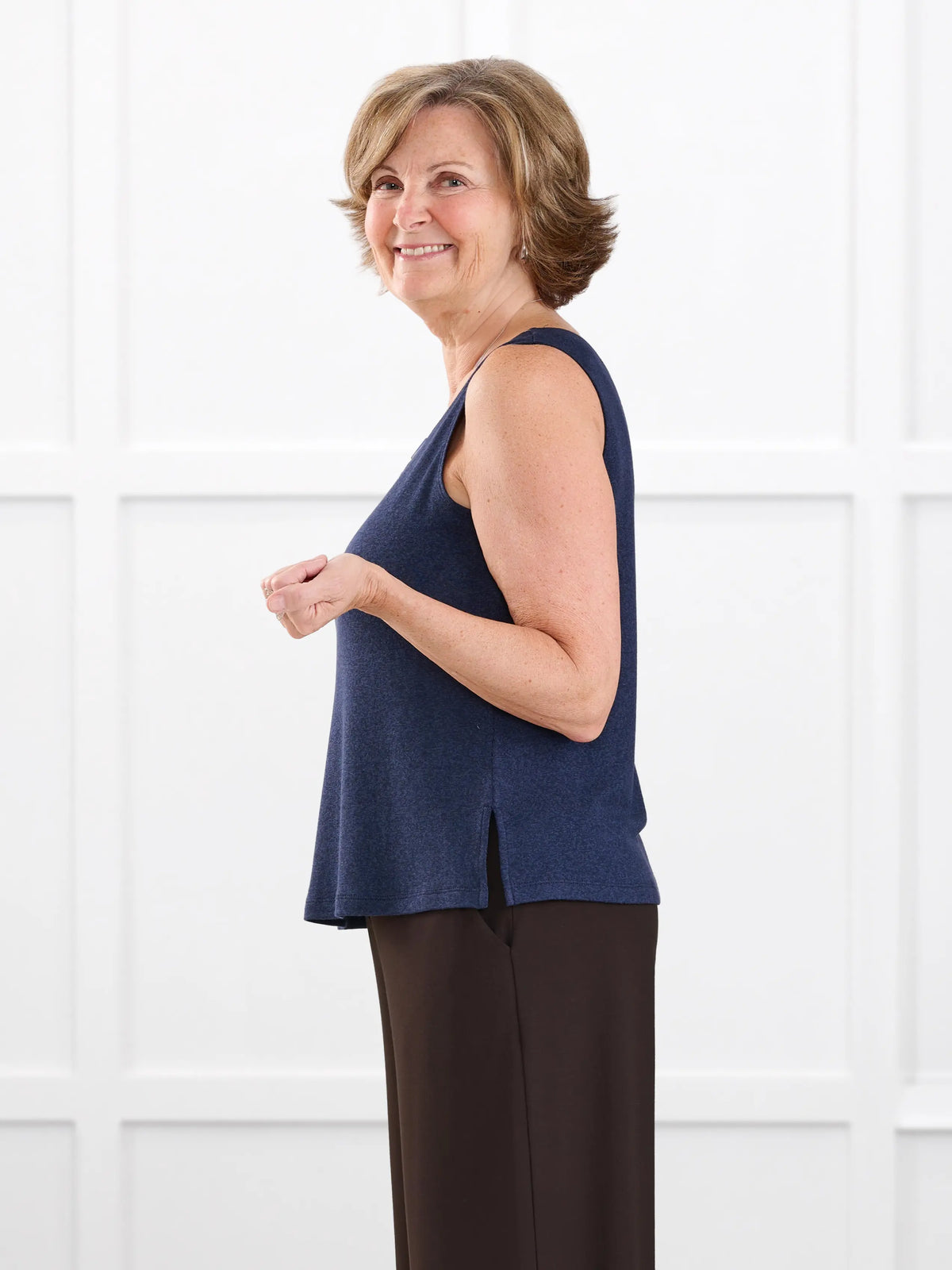 Ricki reversible neckline sweater knit tank for women in Midnight blue on model Donna, size S @Donna-S