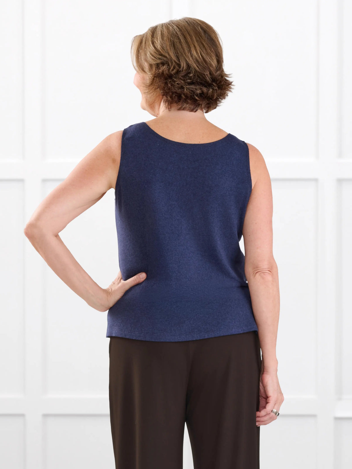 Ricki reversible neckline sweater knit tank for women in Midnight blue on model Donna, size S @Donna-S