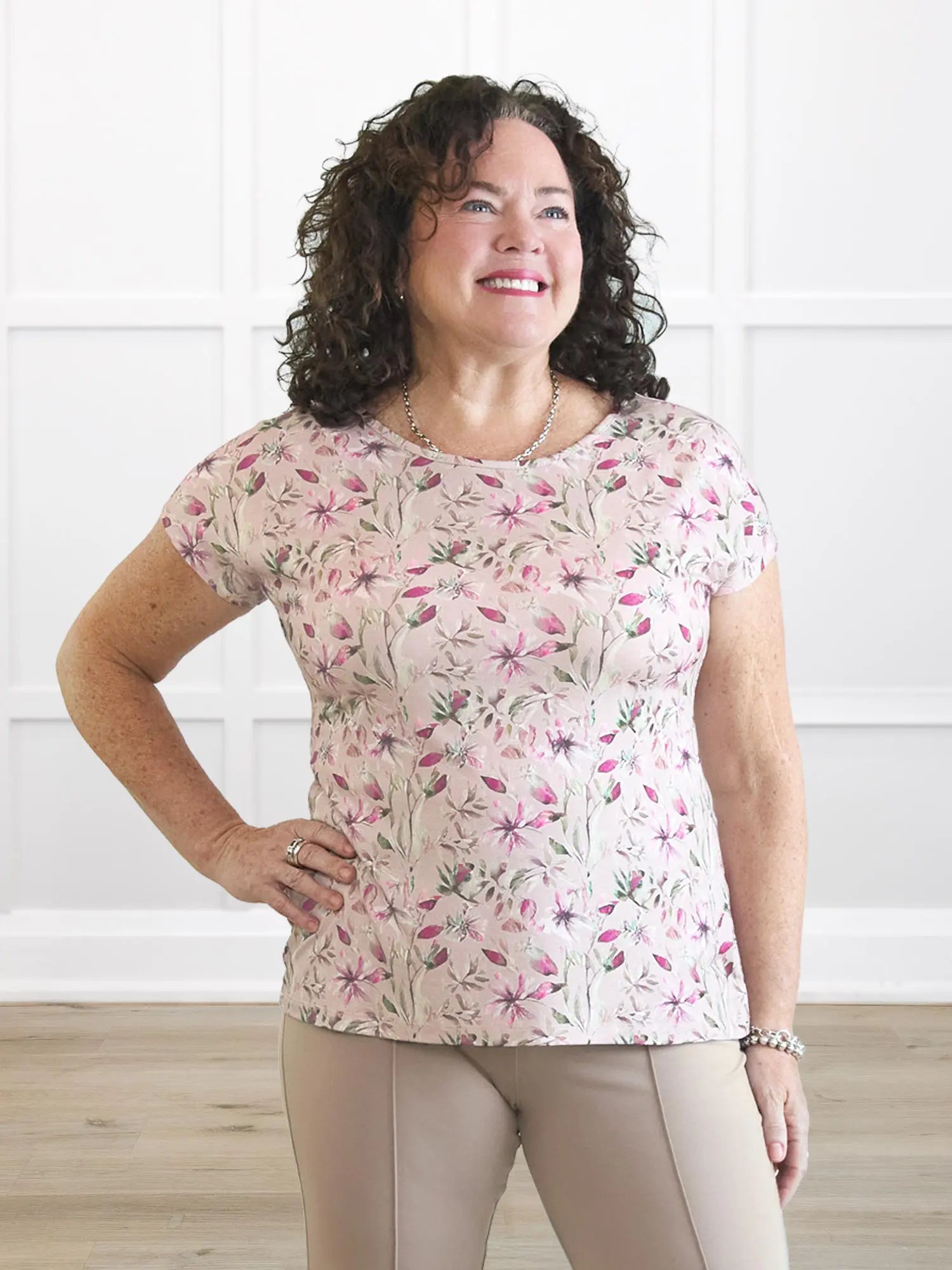 Rio reversible neckline dolman tee 00 in Wild magnolia on model Kerri, size M @Kerri-M