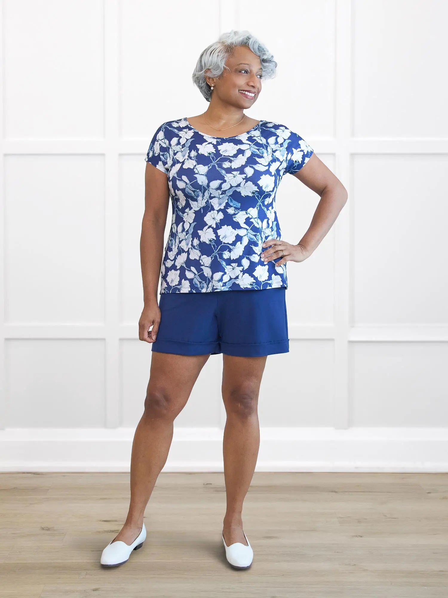 Rio reversible neckline dolman tee for women in Indigo bloom on model Keethai, size M @Keethai-M
