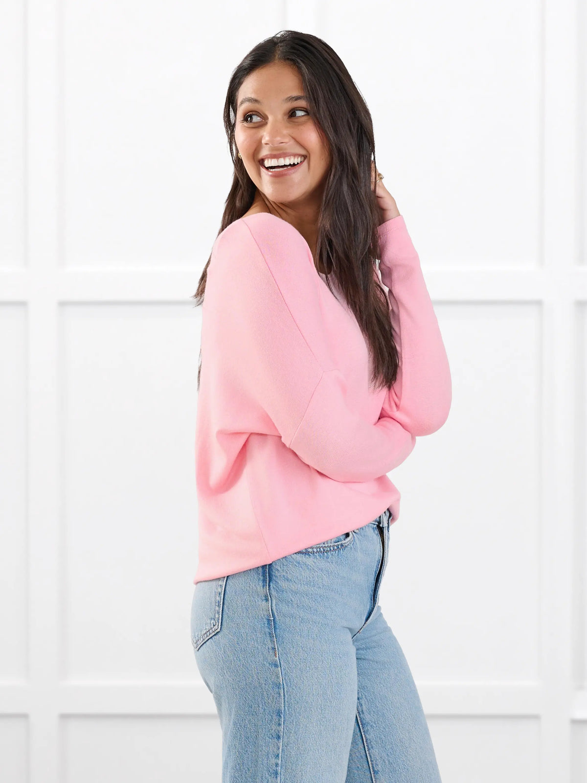 Rosalie long sleeve dolman sweater for women in Whisper pink on model Meron, size XS @Meron-XS