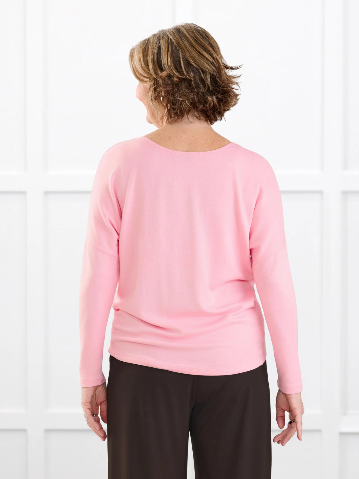 Rosalie long sleeve dolman sweater for women in Whisper pink on model Donna, size S @Donna-S