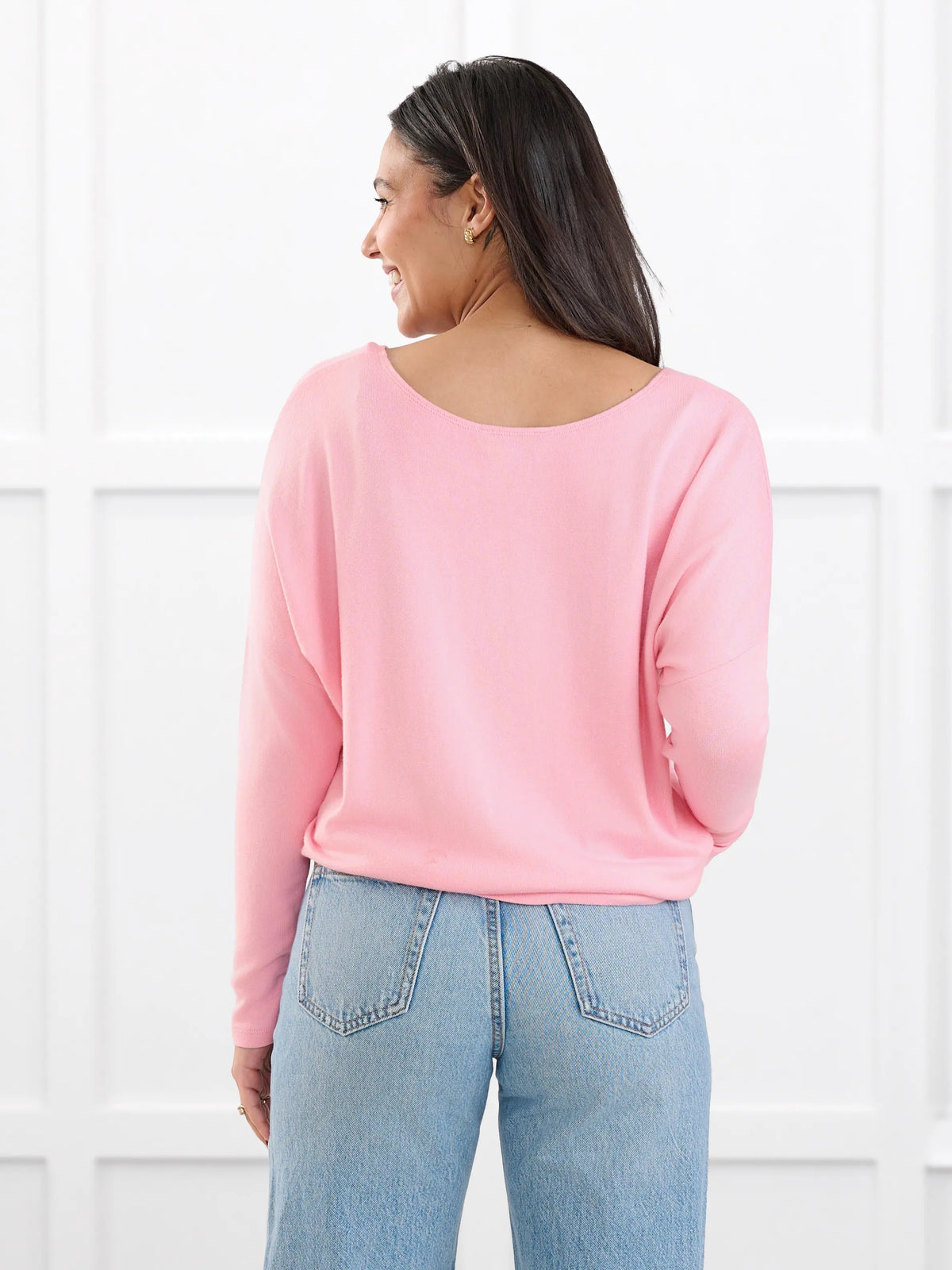 Rosalie long sleeve dolman sweater for women in Whisper pink on model Meron, size XS @Meron-XS