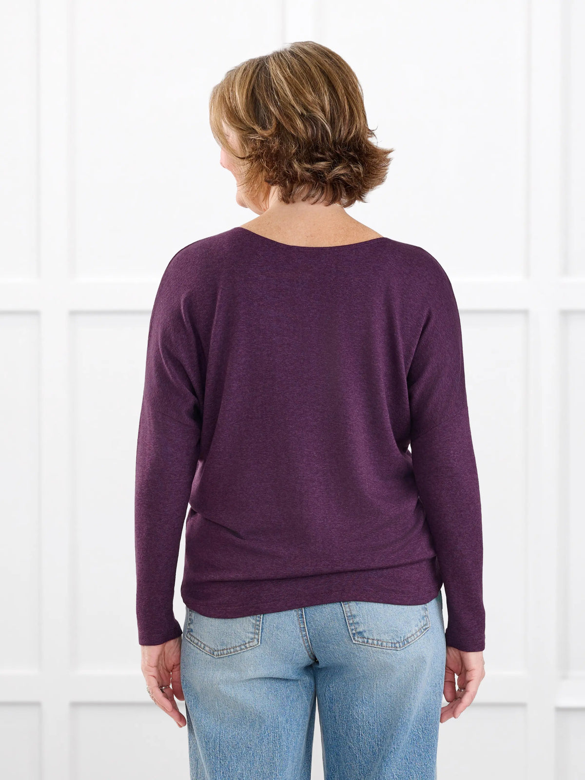 Rosalie long sleeve dolman sweater for women in Blackcurrant on model Donna, size S @Donna-S