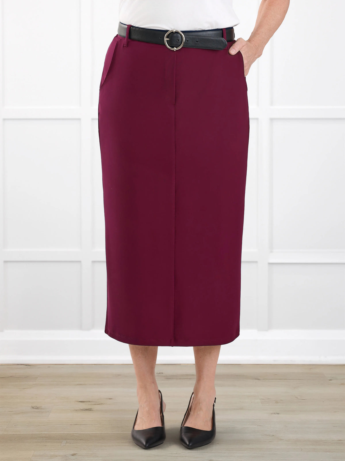 Rubina midi pencil skirt with pockets for women in Merlot