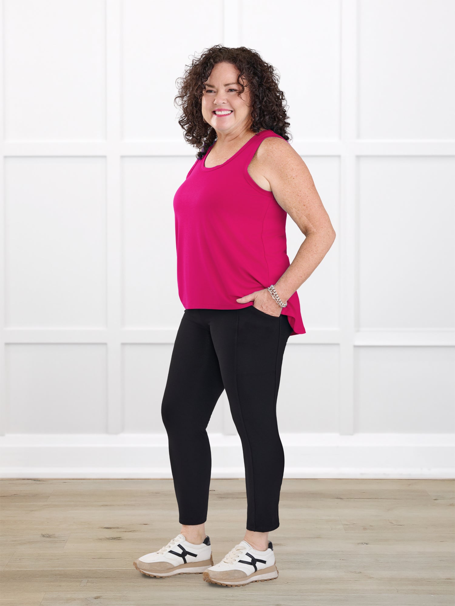 Seana high waisted pocket capri legging for women in Black on model Kerri, size M @Kerri-M