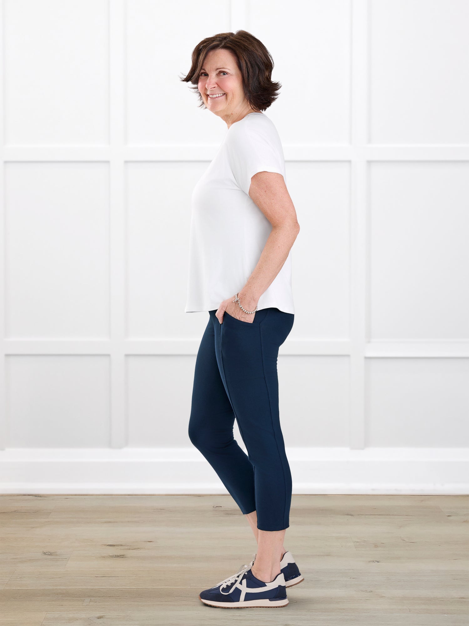Seana high waisted pocket capri legging for women in Navy on model Donna, size S @Donna-S