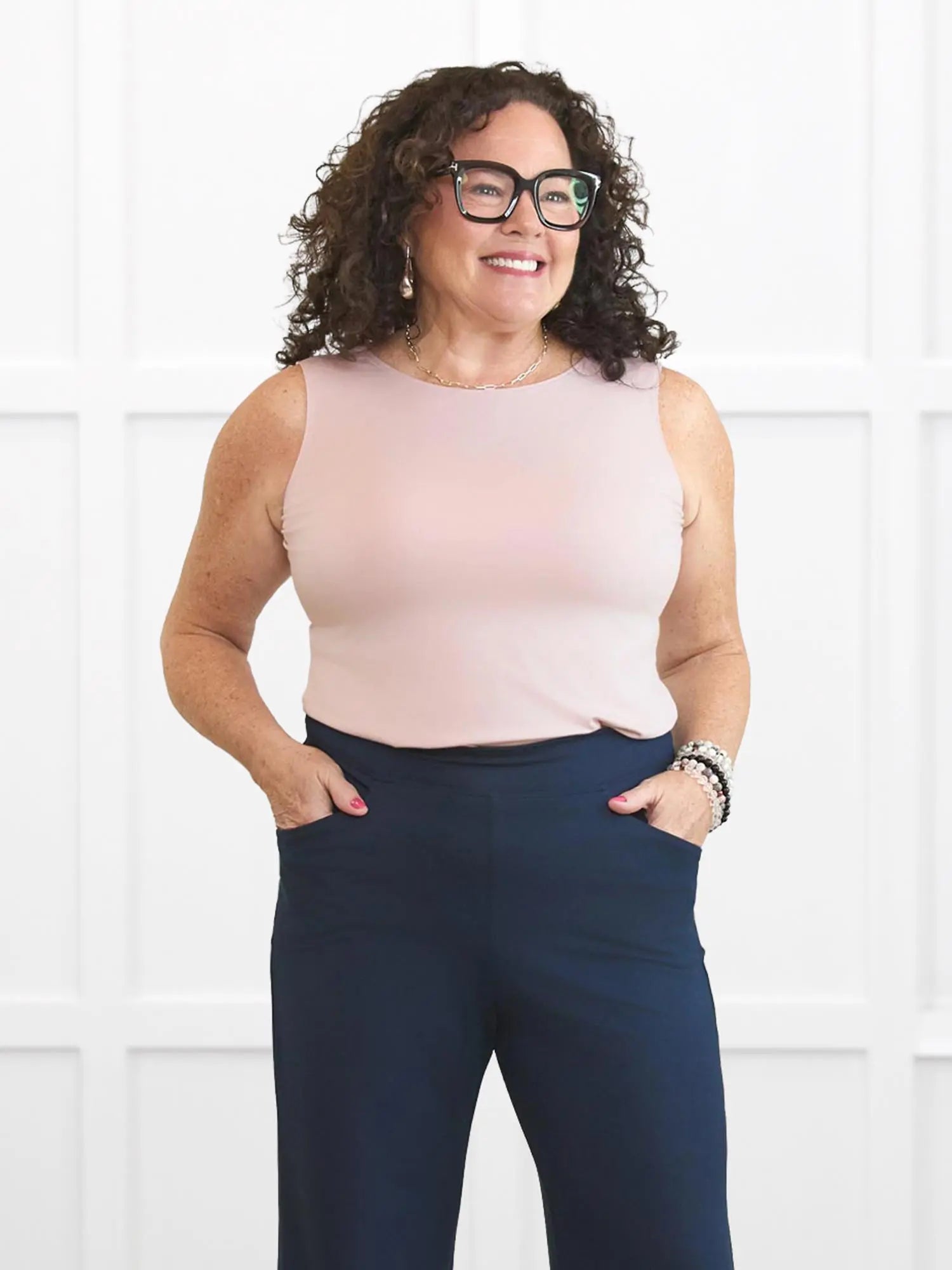 Shandra reversible neckline tank top for women in Ballet pink on model Kerri, size M Petite @Kerri-M-petite