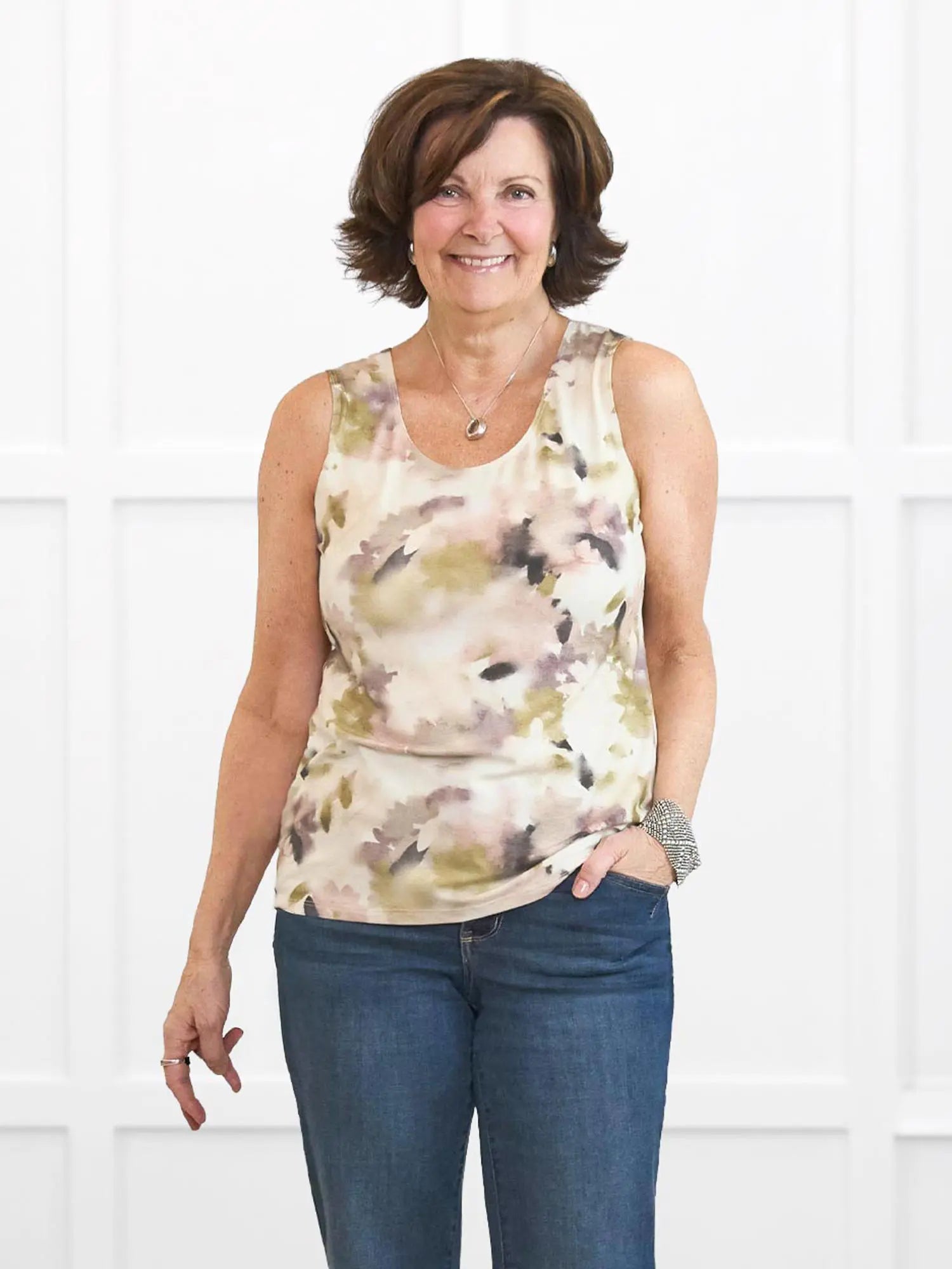 Shandra reversible neckline tank top for women in Rosewater on model Donna, size S Regular @Donna-S-regular