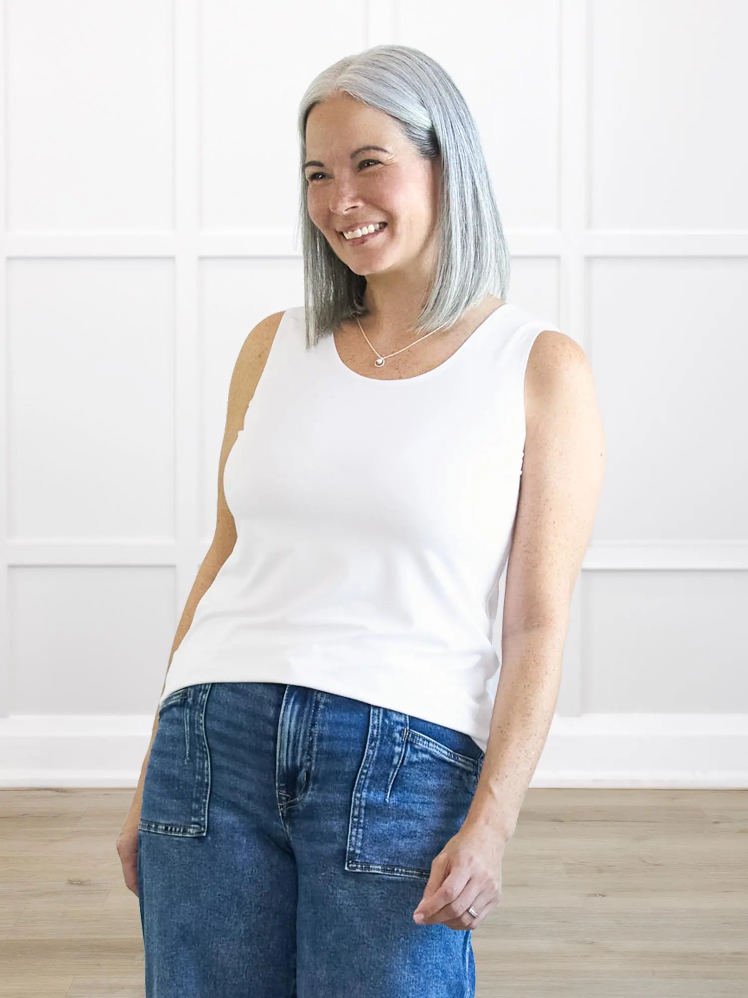 Shandra reversible neckline tank top for women in portobello on model Kerri in size small, regular fit @Kerri-S-regular