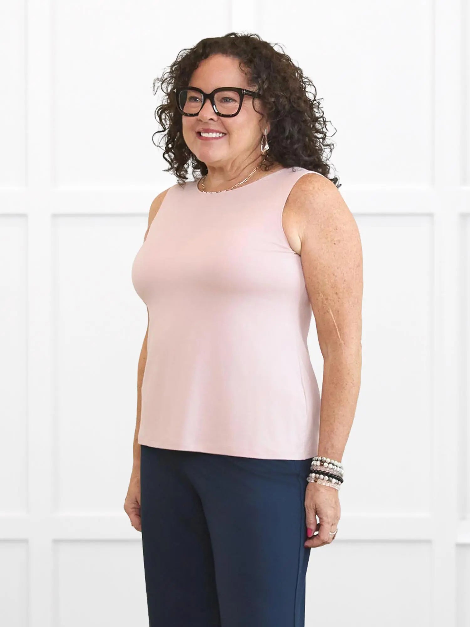 Shandra reversible neckline tank top for women in Ballet pink on model Kerri, size M Petite @Kerri-M-petite