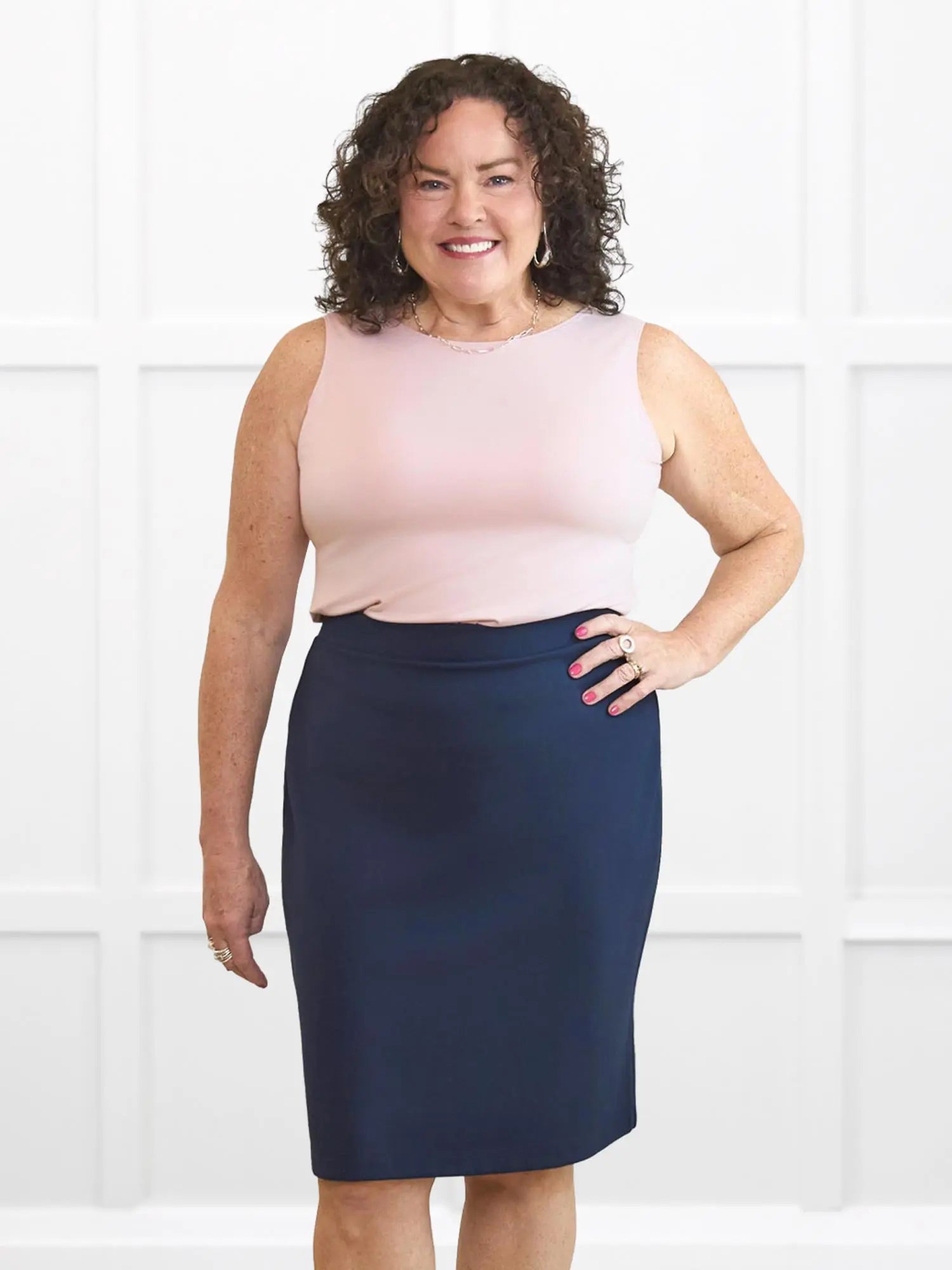 Shandra reversible neckline tank top for women in Ballet pink on model Kerri, size M Petite @Kerri-M-petite