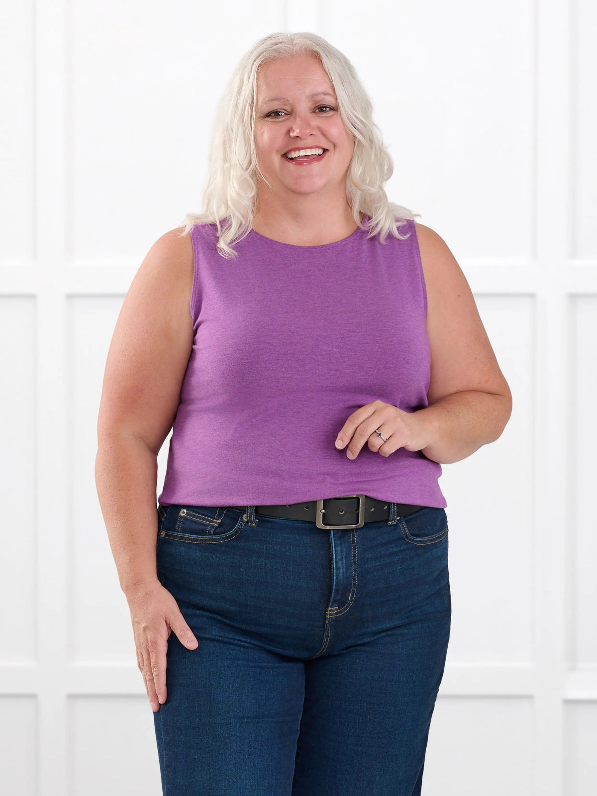 Shandra reversible neckline tank top for women in Lupin melange on model Colleen, size XXL Petite @Colleen-XXL-petite