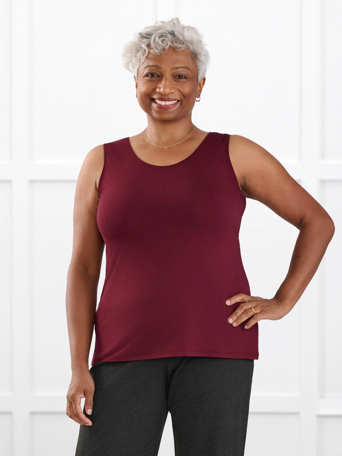 Shandra reversible neckline tank top for women in Merlot on model Keethai, size M Regular @Keethai-M-regular
