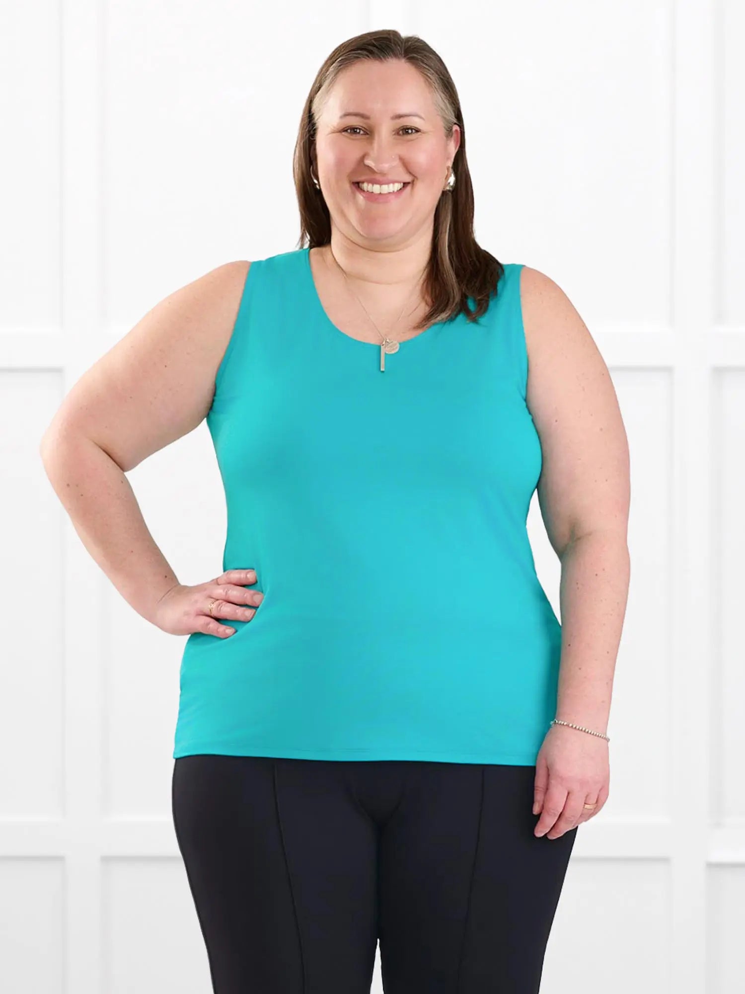 Shandra reversible neckline tank top for women in Rosewater on model Cristina, size XXL Regular @Cristina-XXL-regular