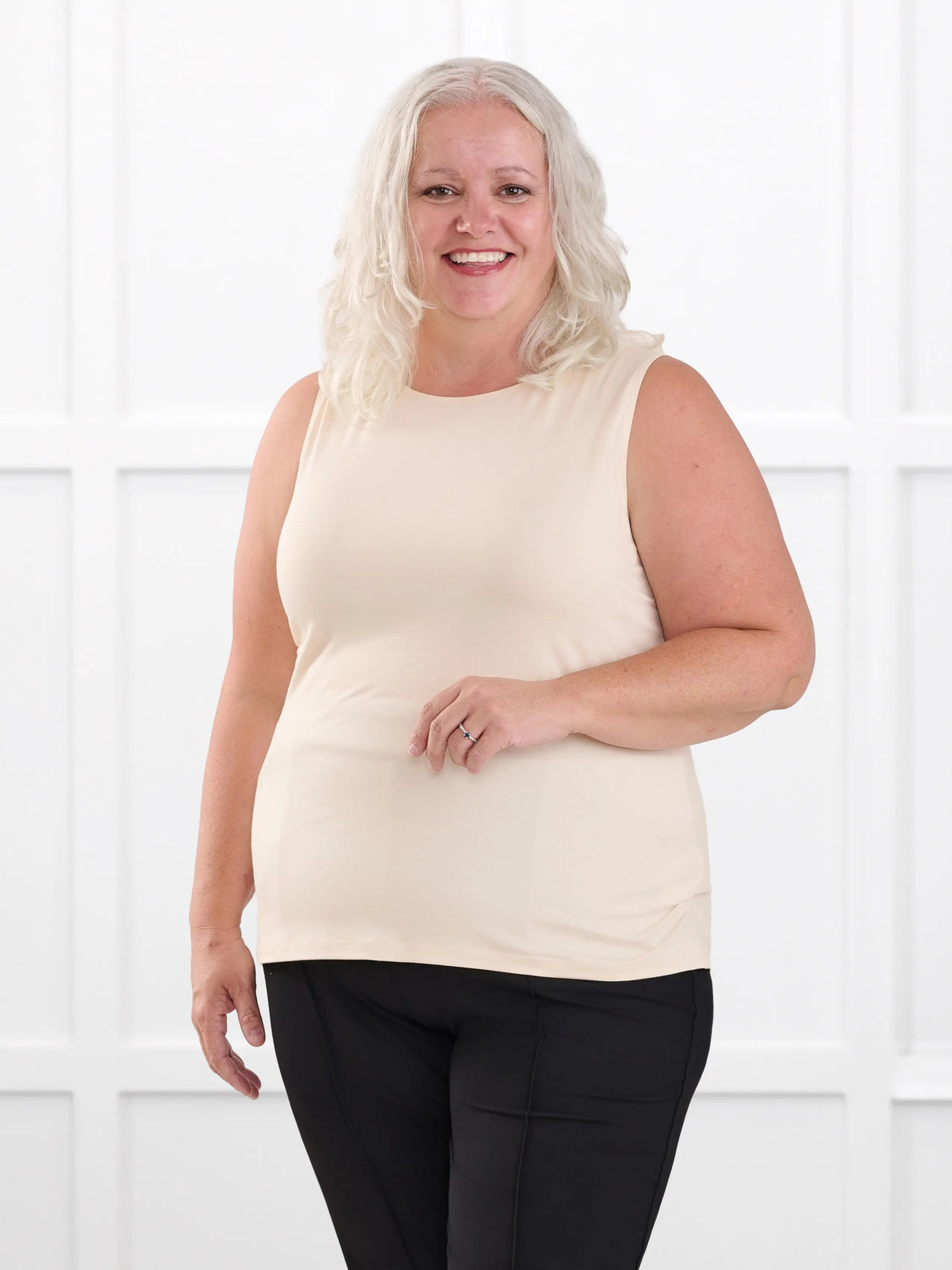 Shandra reversible neckline tank top for women in Shortbread on model Colleen, size XXL Petite @Colleen-XXL-petite