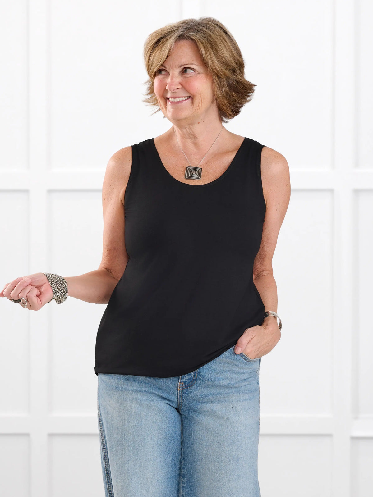 Shandra reversible neckline tank top for women in Black on model Donna, size S Regular @Donna-S-regular
