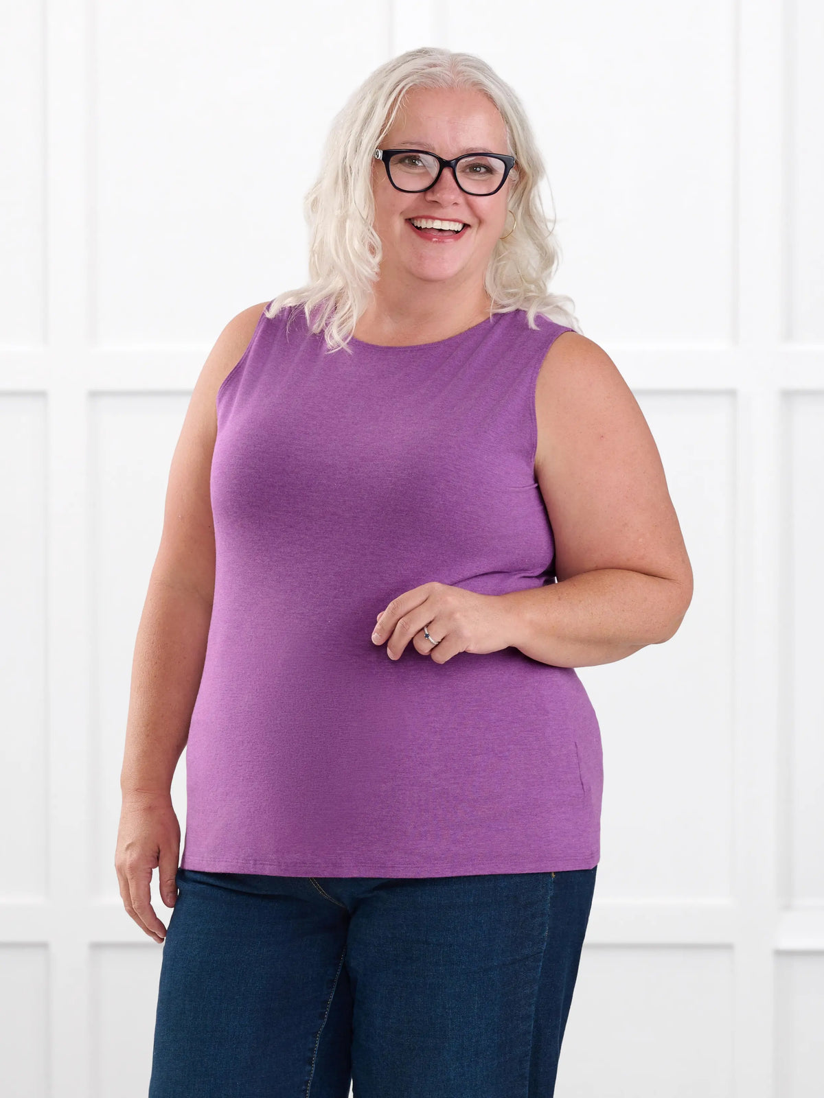 Shandra reversible neckline tank top for women in Lupin melange on model Colleen, size XXL Petite @Colleen-XXL-petite