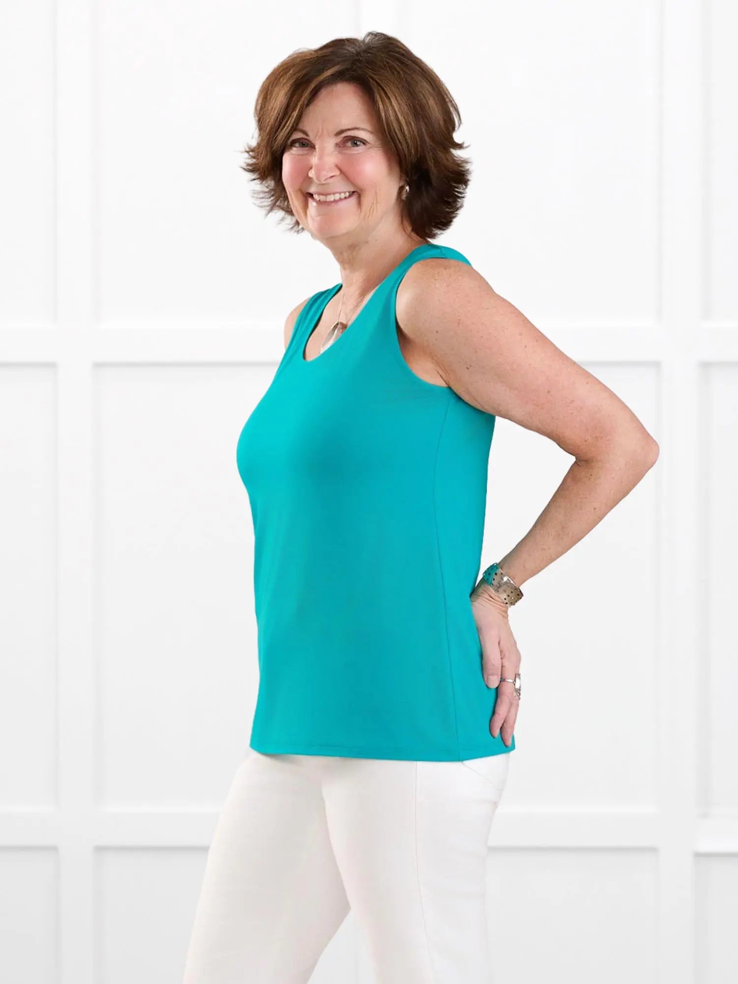 Shandra reversible neckline tank top for women in Rosewater on model Donna, size S Regular @Donna-S-regular
