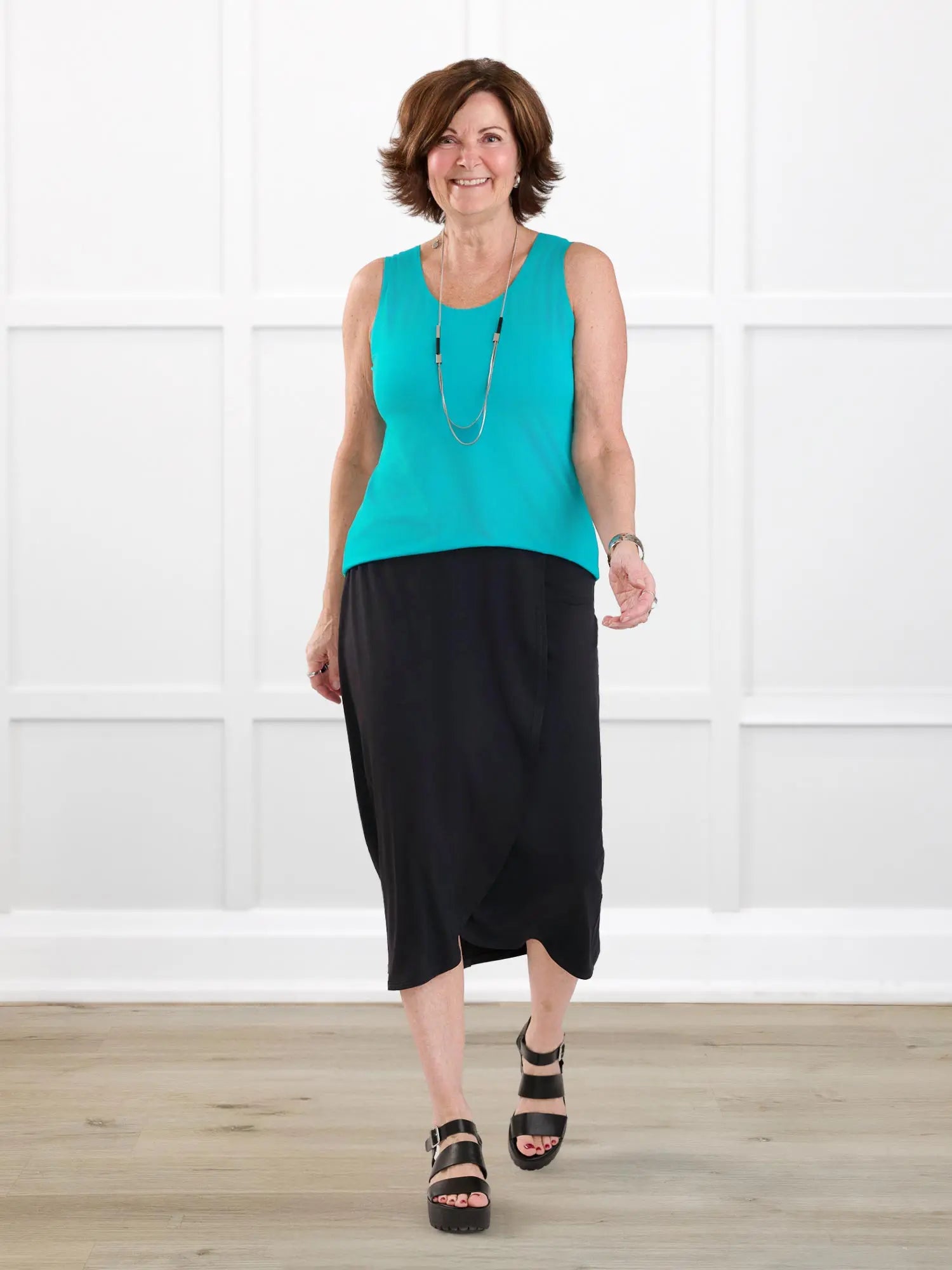 Shandra reversible neckline tank top for women in Rosewater on model Donna, size S Regular @Donna-S-regular