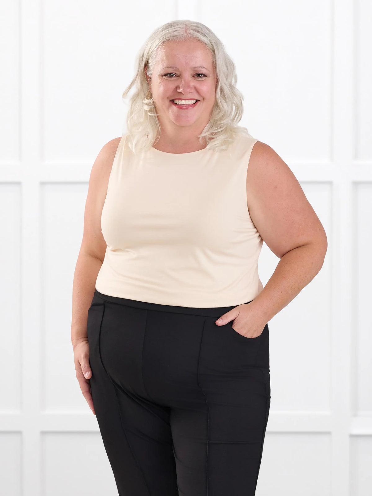 Shandra reversible neckline tank top for women in Shortbread on model Colleen, size XXL Petite @Colleen-XXL-petite