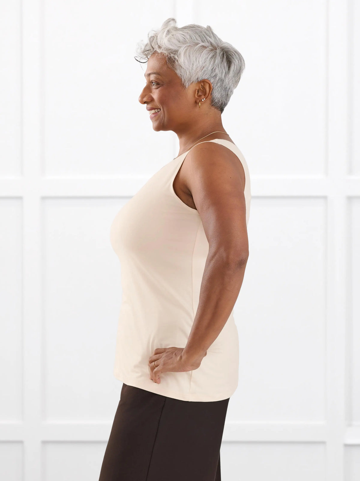 Shandra reversible neckline tank top for women in Shortbread on model Keethai, size M Regular @Keethai-M-regular