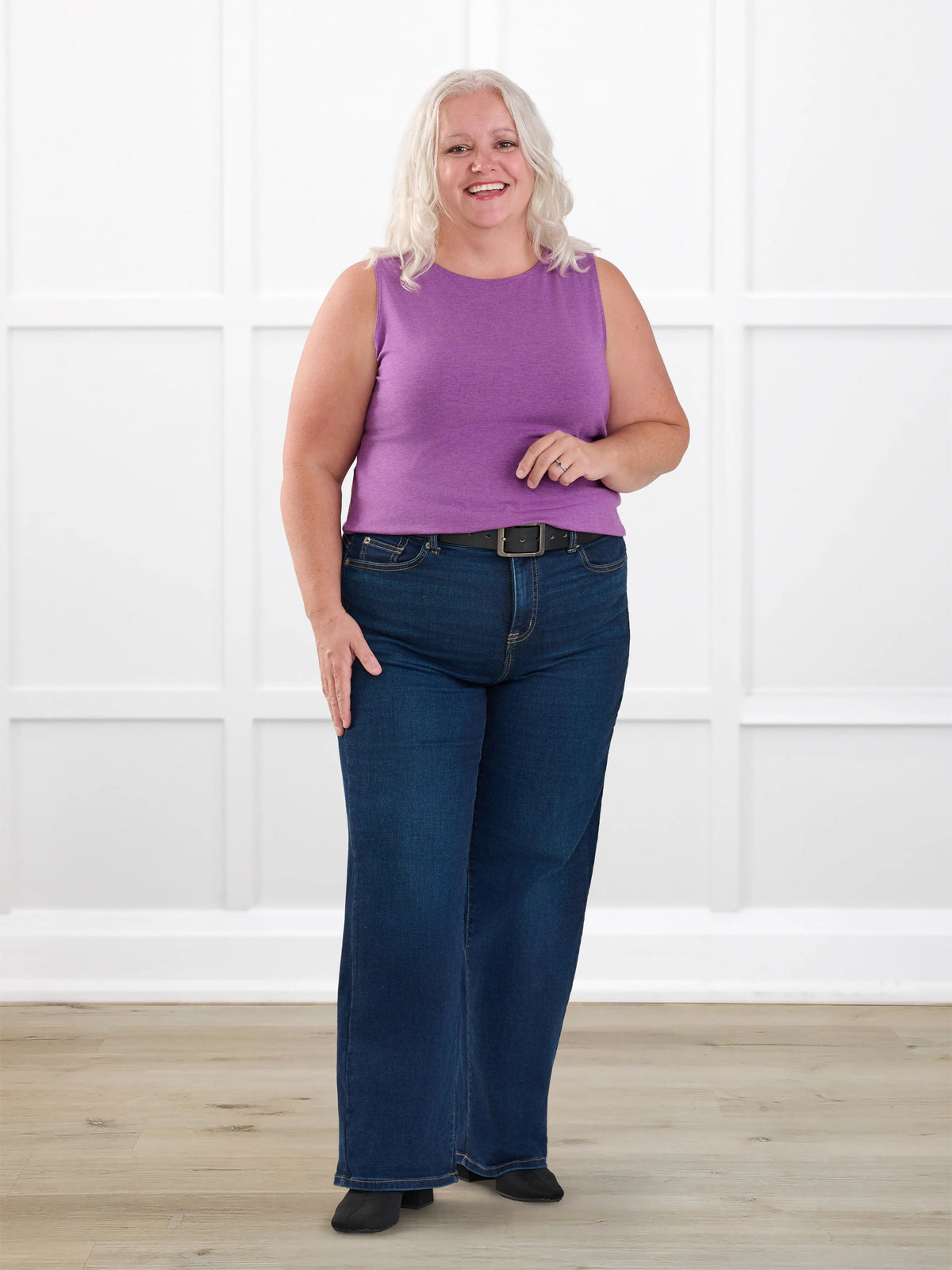 Shandra reversible neckline tank top for women in Lupin melange on model Colleen, size XXL Petite @Colleen-XXL-petite