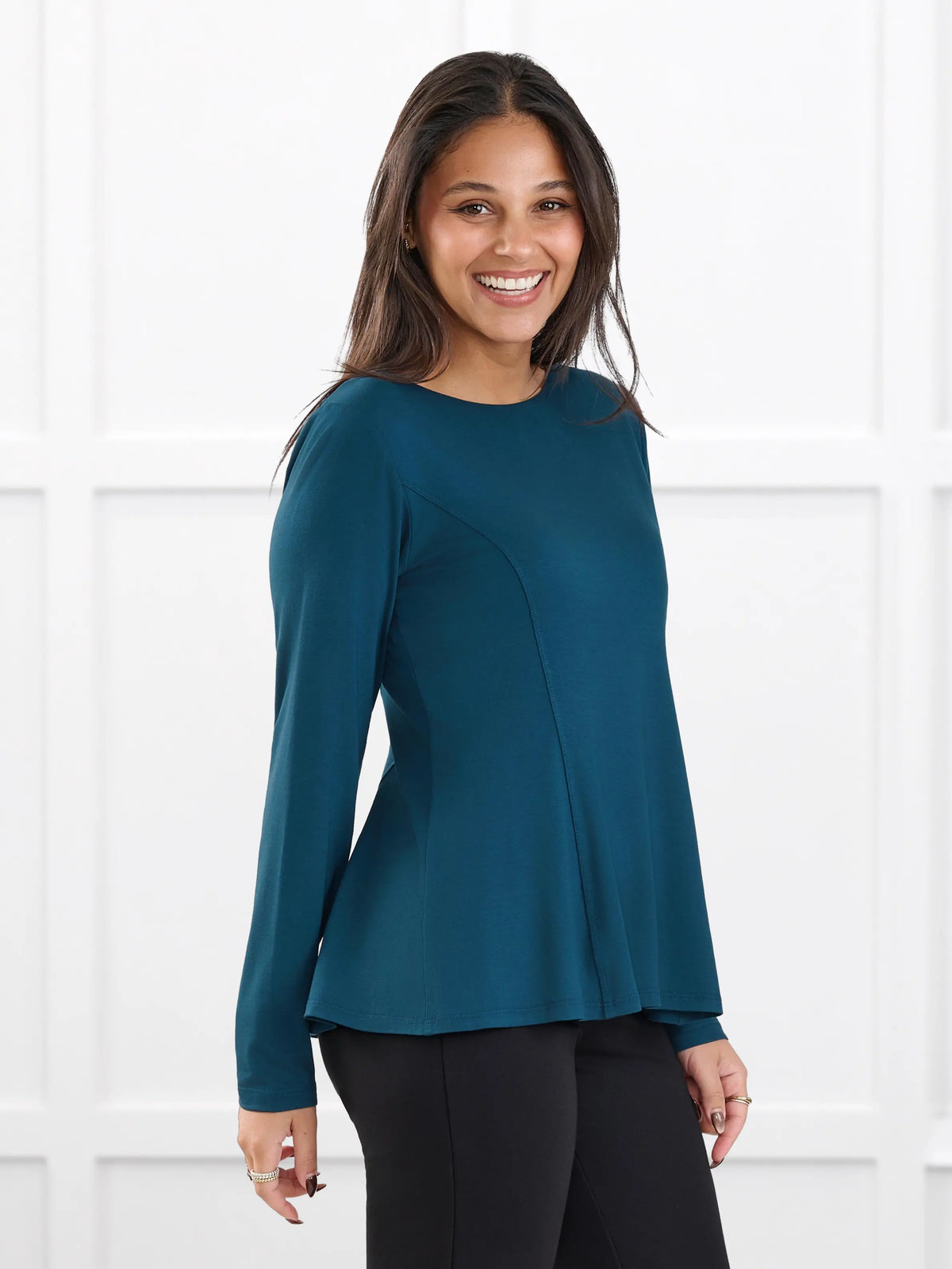 Sheera reversible neckline peplum top for women in Atlantic on model Meron, size XS @Meron-XS