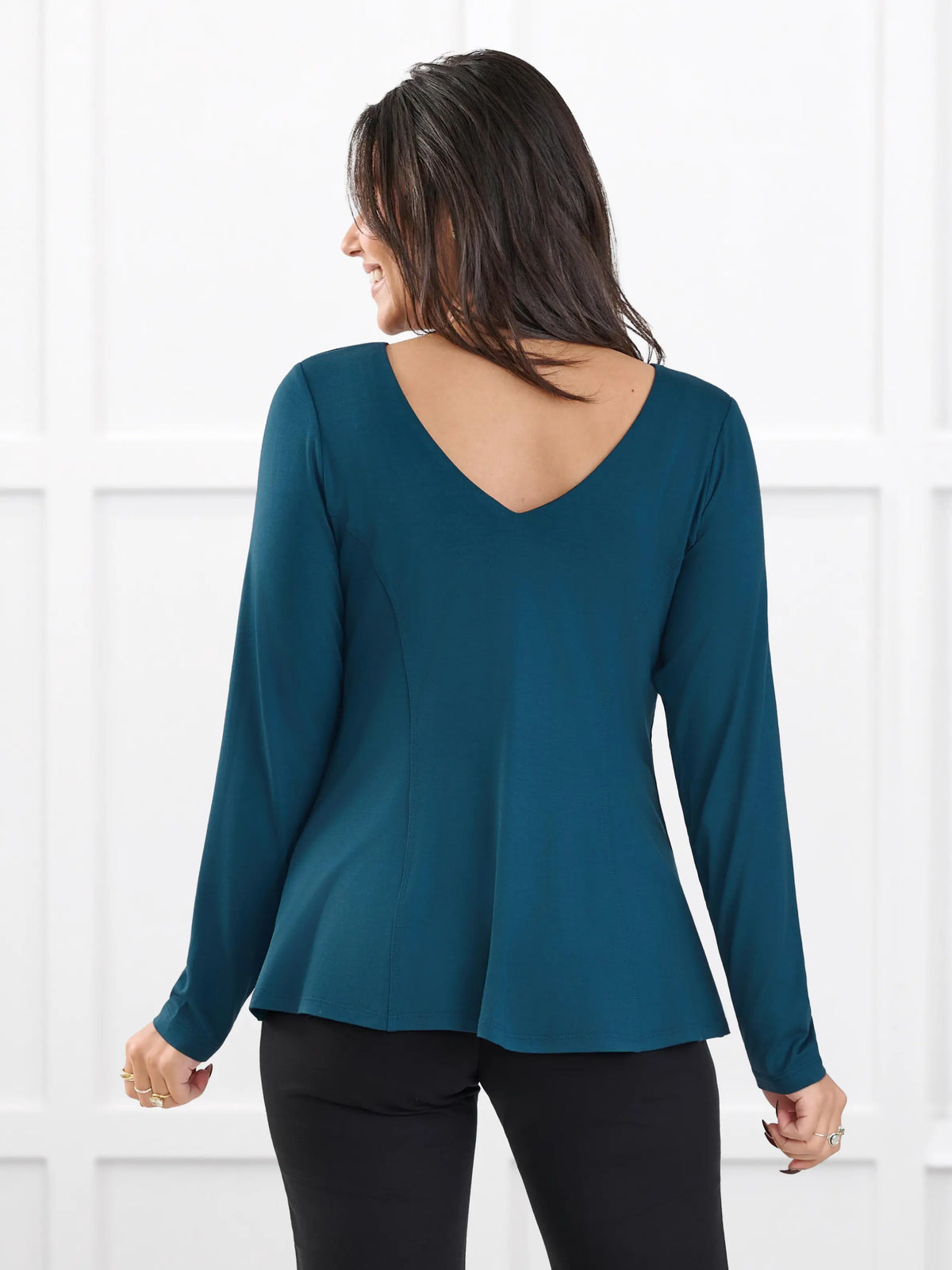 Sheera reversible neckline peplum top for women in Atlantic on model Meron, size XS @Meron-XS
