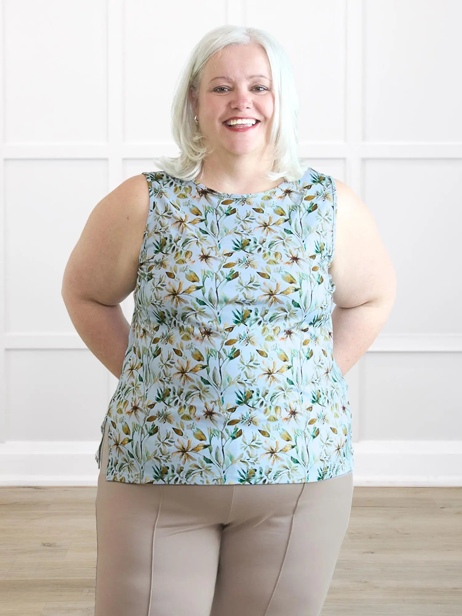 Shyanne reversible neckline side slit tank 00 in Forest veil on model Colleen, size XXL Petite @Colleen-XXL-petite