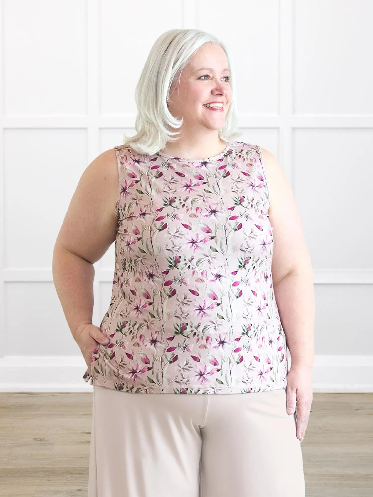 Shyanne reversible neckline side slit tank 00 in Wild magnolia on model Colleen, size XXL Petite @Colleen-XXL-petite