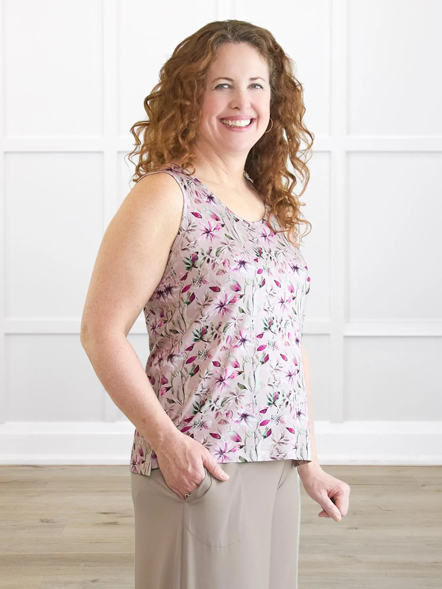 Shyanne reversible neckline side slit tank 00 in Wild magnolia on model Melanie, size M Regular @Melanie-M-regular