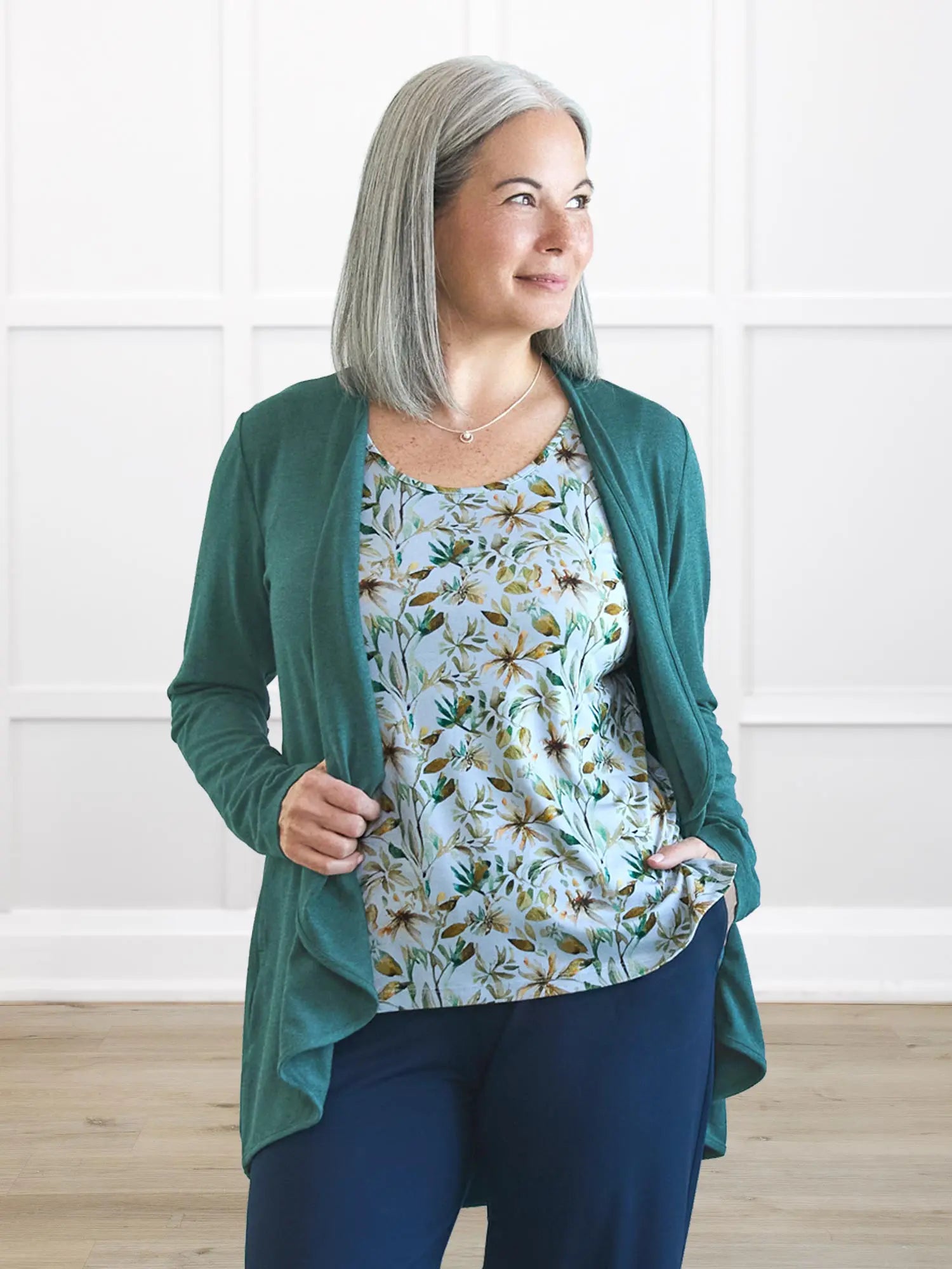 Shyanne reversible neckline side slit tank in Forest veil on model Kerri, size S Regular @Kerri-S-regular