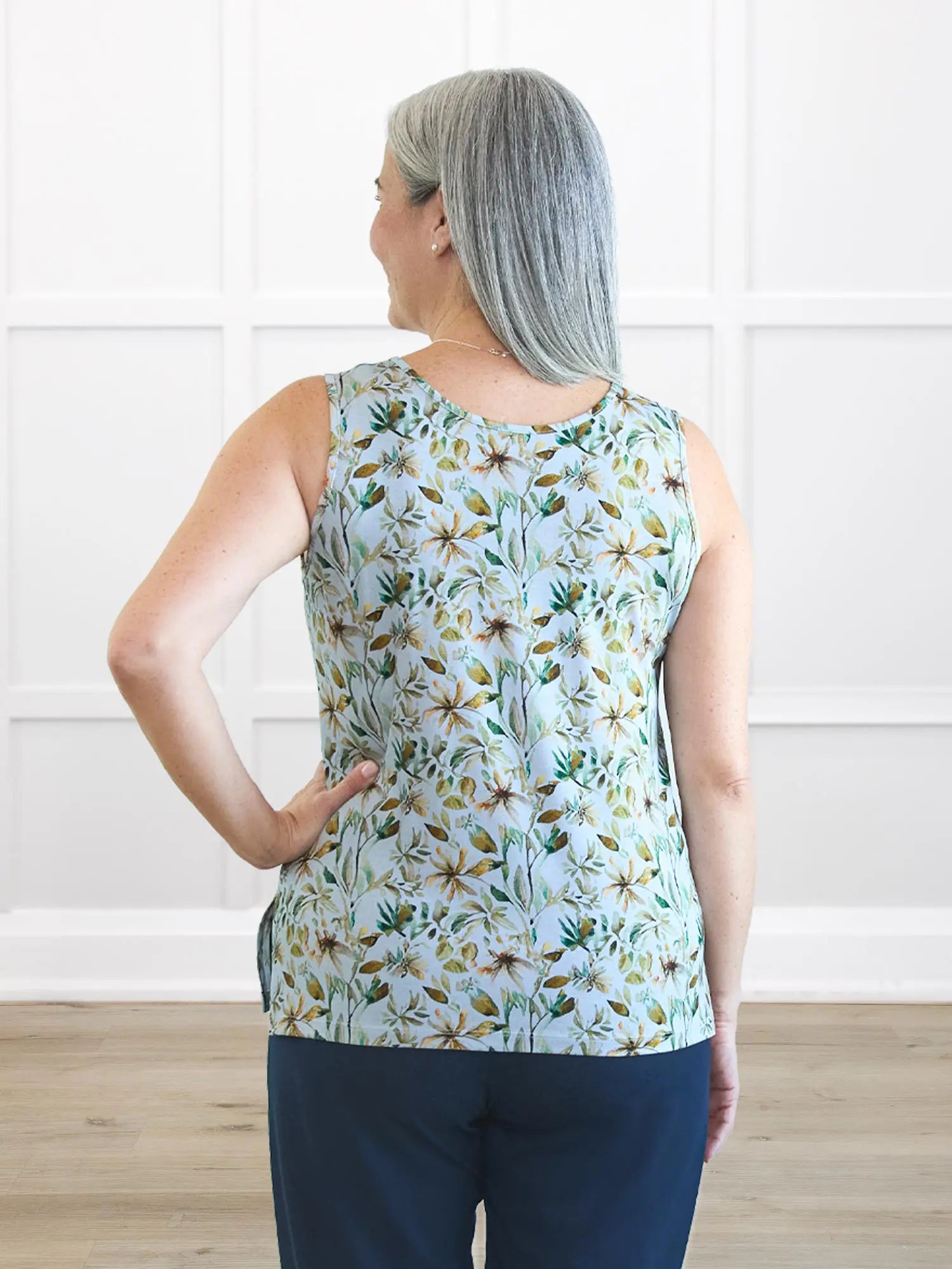 Shyanne reversible neckline side slit tank in Forest veil on model Kerri, size S Regular @Kerri-S-regular