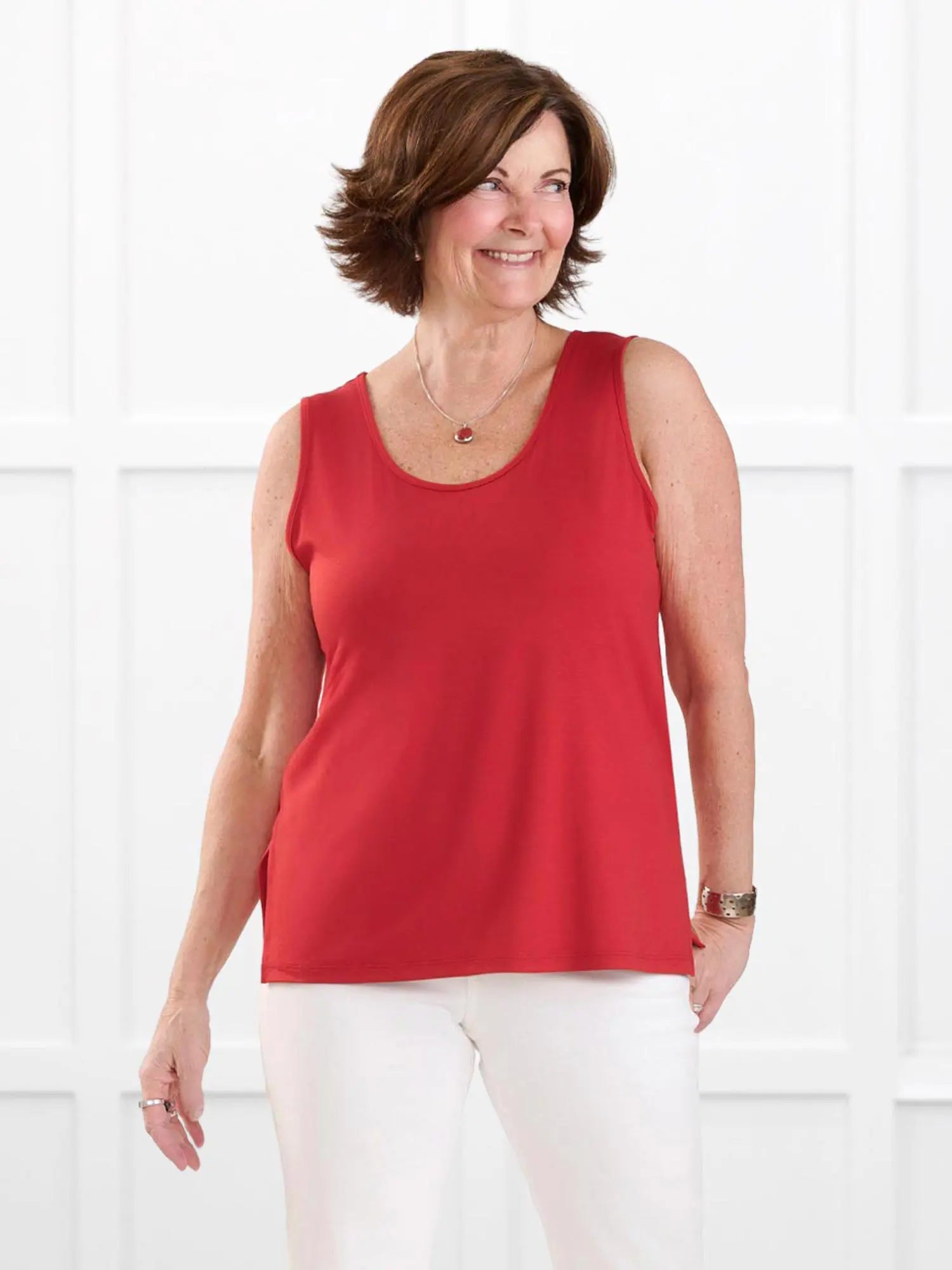 Shyanne reversible neckline side slit tank for women in Chili on model Donna, size S Regular @Donna-S-regular