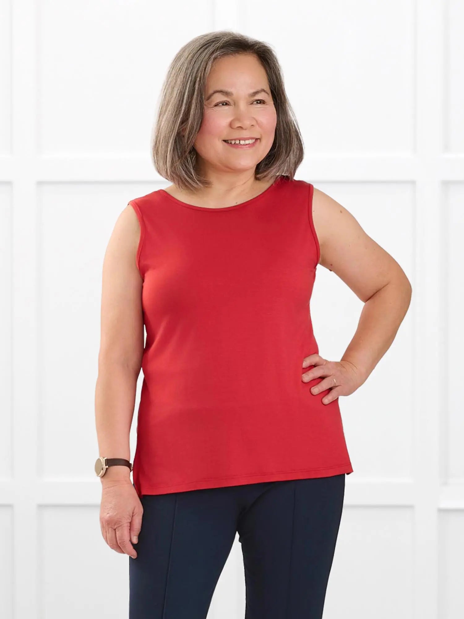 Shyanne reversible neckline side slit tank for women in Chili on model Terry, size S Petite @Terry-S-petite