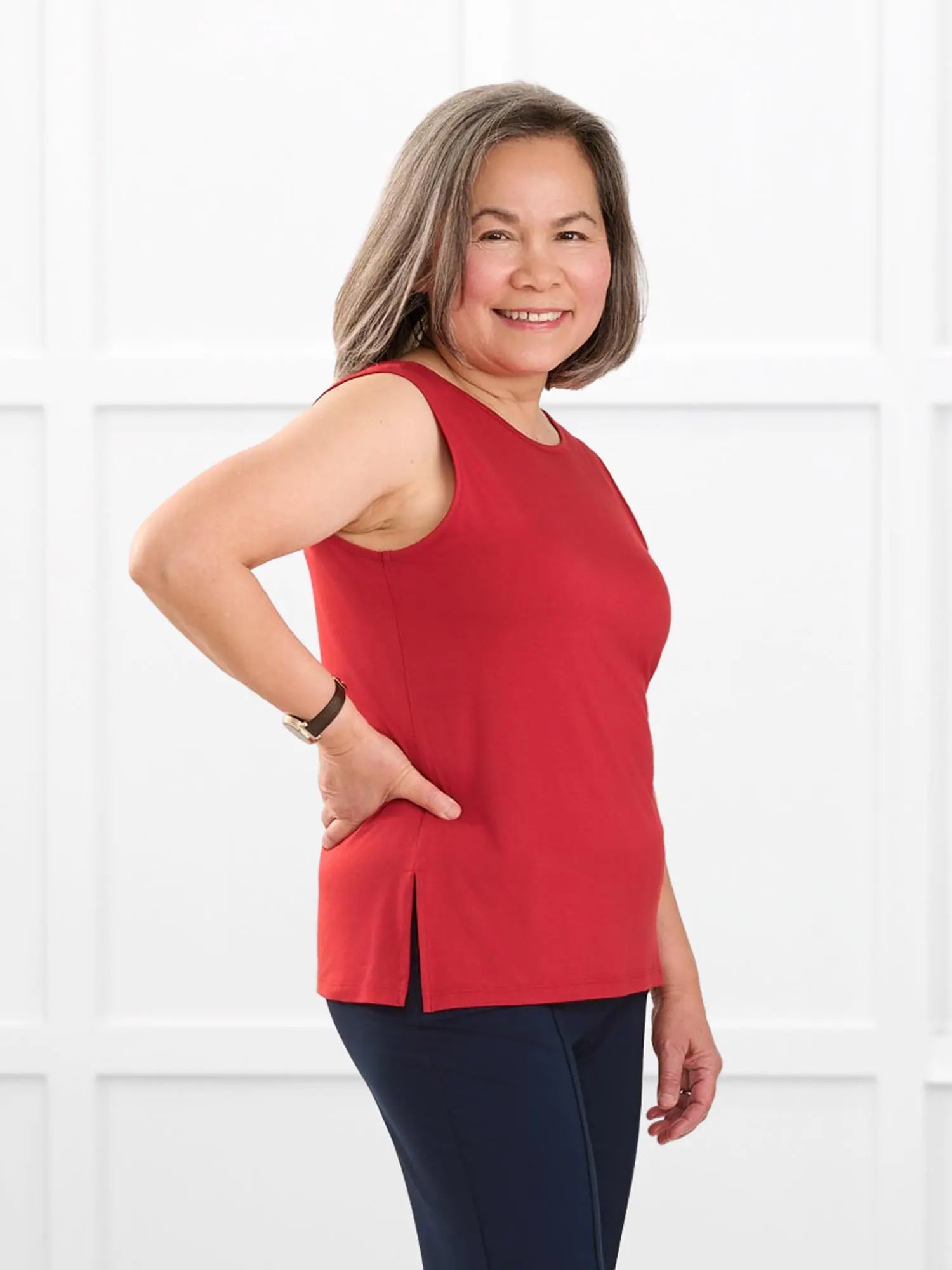 Shyanne reversible neckline side slit tank for women in Chili on model Terry, size S Petite @Terry-S-petite