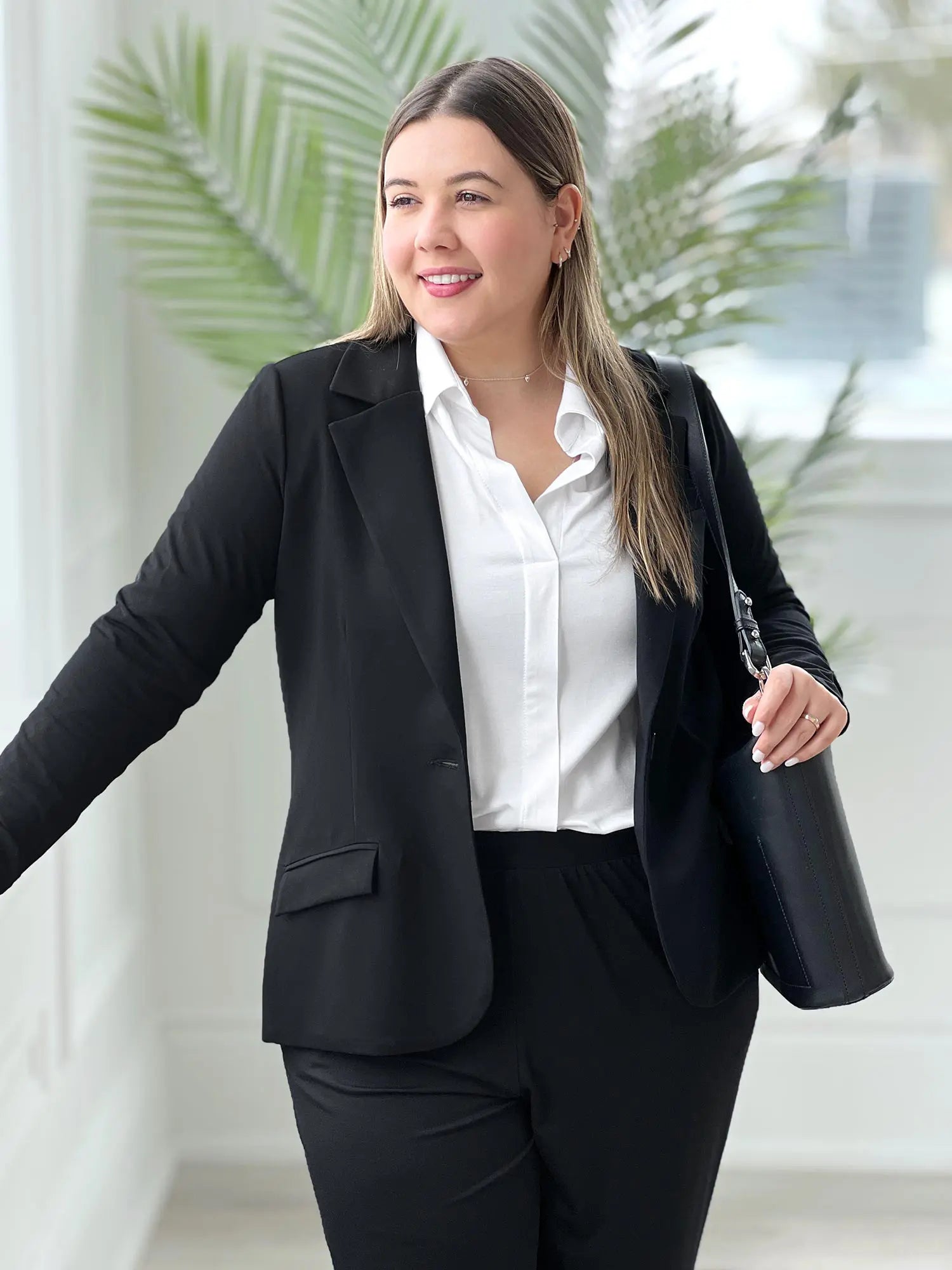 Sienna stretchy girlfriend blazer for women in Black on model Christal, size L @Christal-L