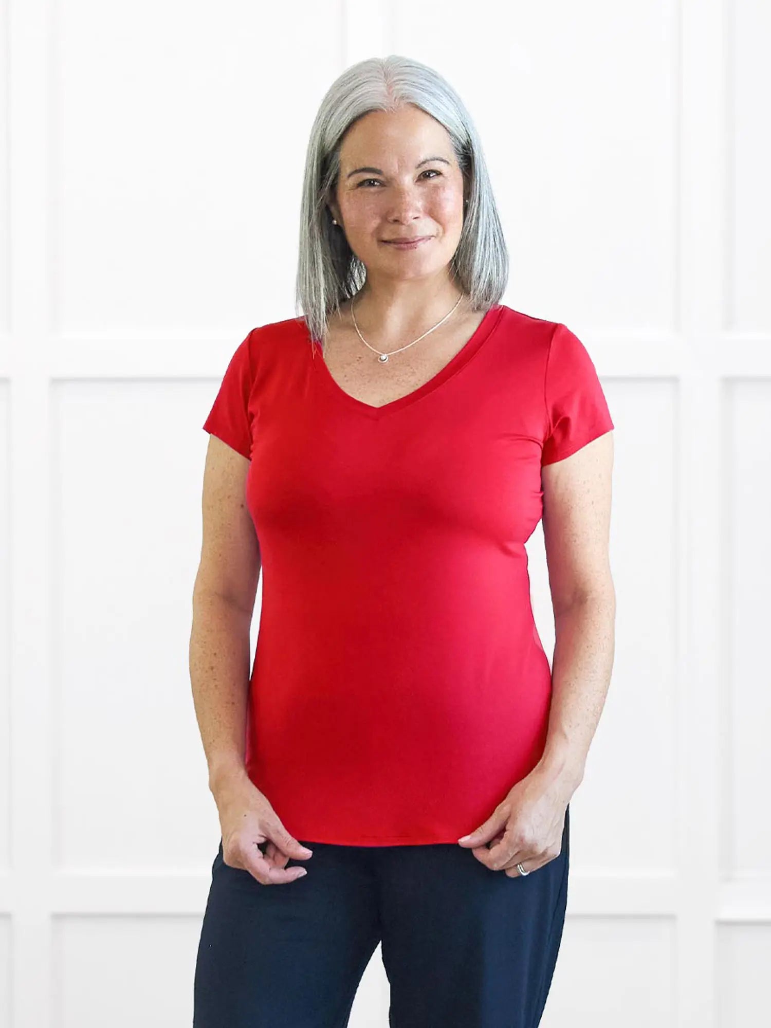 Sutton v neck classic tee for women in Poppy red on model Kerri, size S Regular @Kerri-S-regular