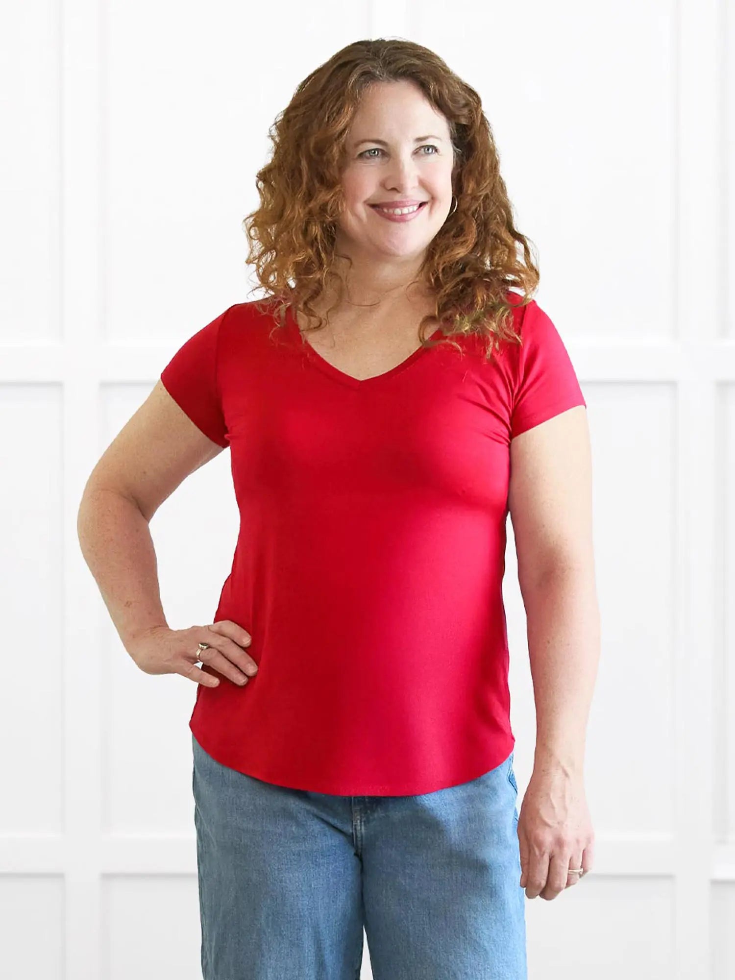 Sutton v neck classic tee for women in Poppy red on model Melanie, size M Regular @Melanie-M-regular