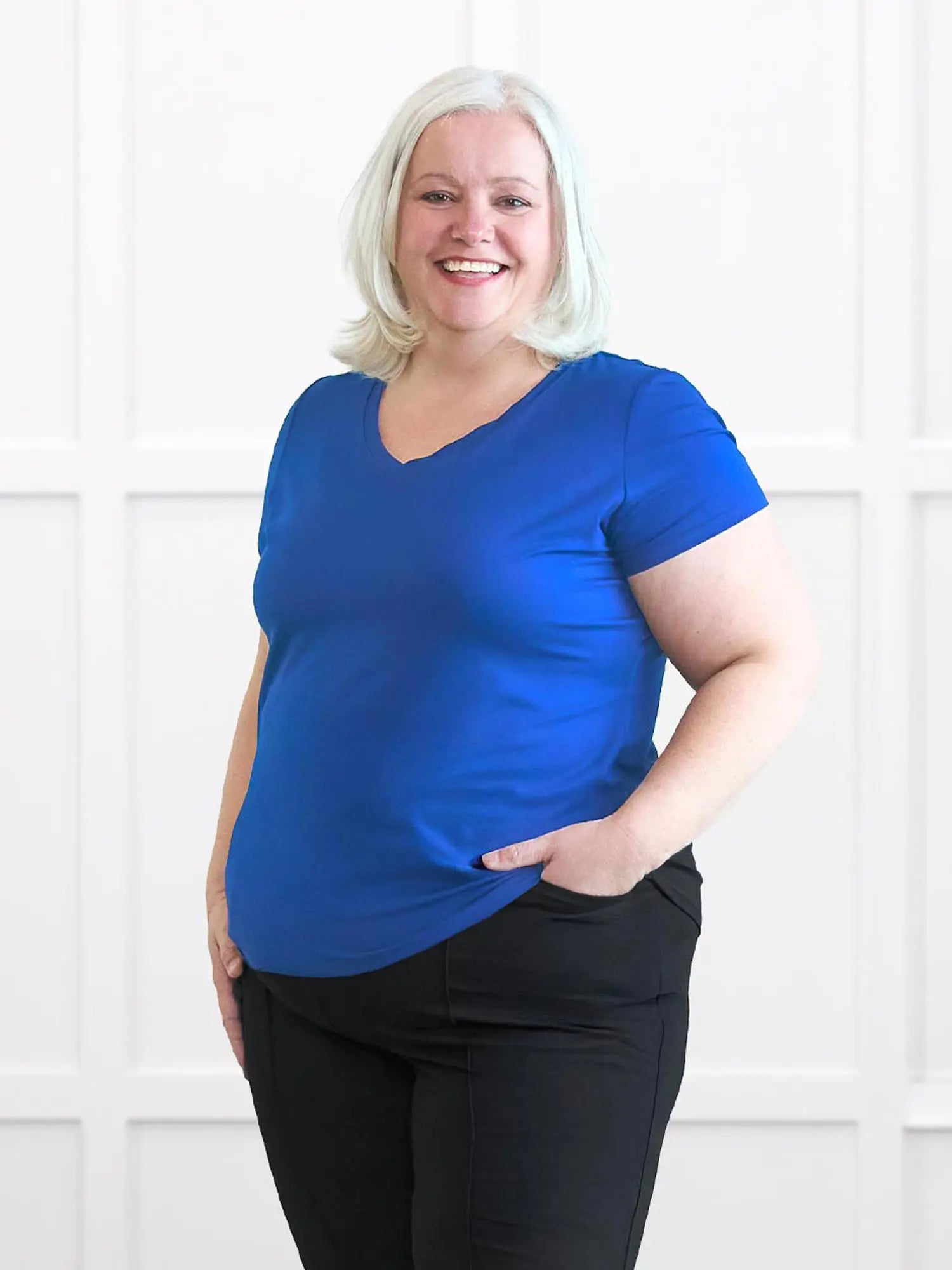 Sutton v neck classic tee for women in Royal blue on model Colleen, size XXL Regular @Colleen-XXL-regular