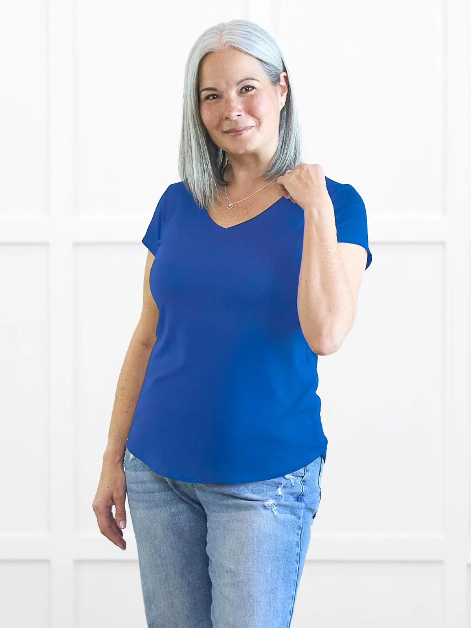 Sutton v neck classic tee for women in Royal blue on model Kerri, size S Regular @Kerri-S-regular