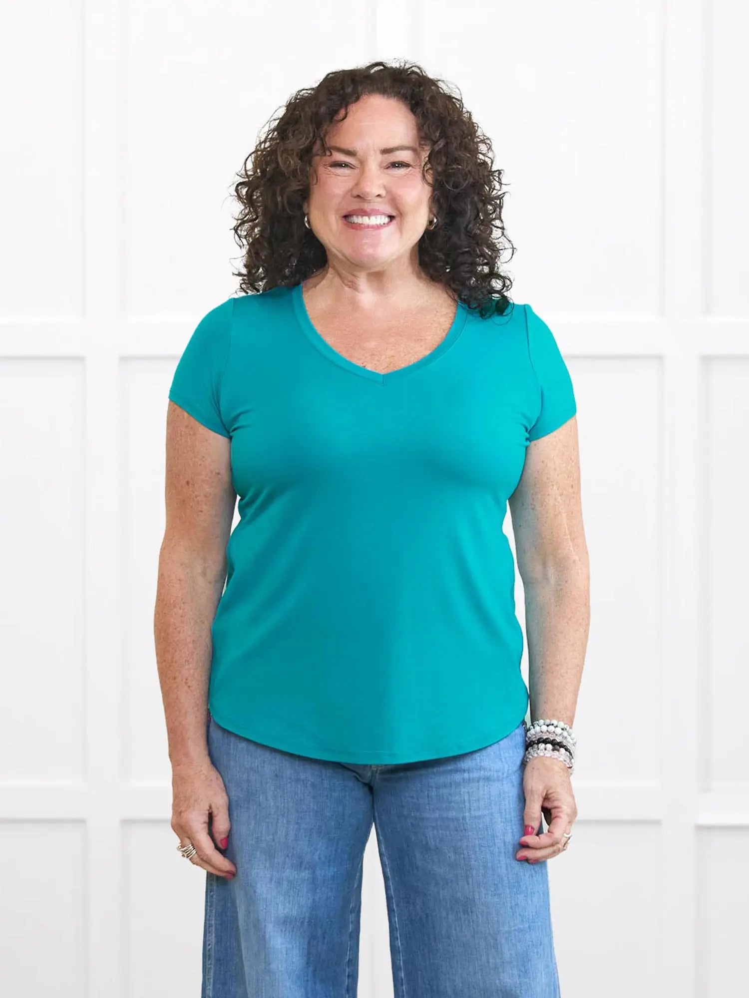 Sutton v neck classic tee for women in Sea glass on model Kerri, size M Petite @Kerri-M-petite