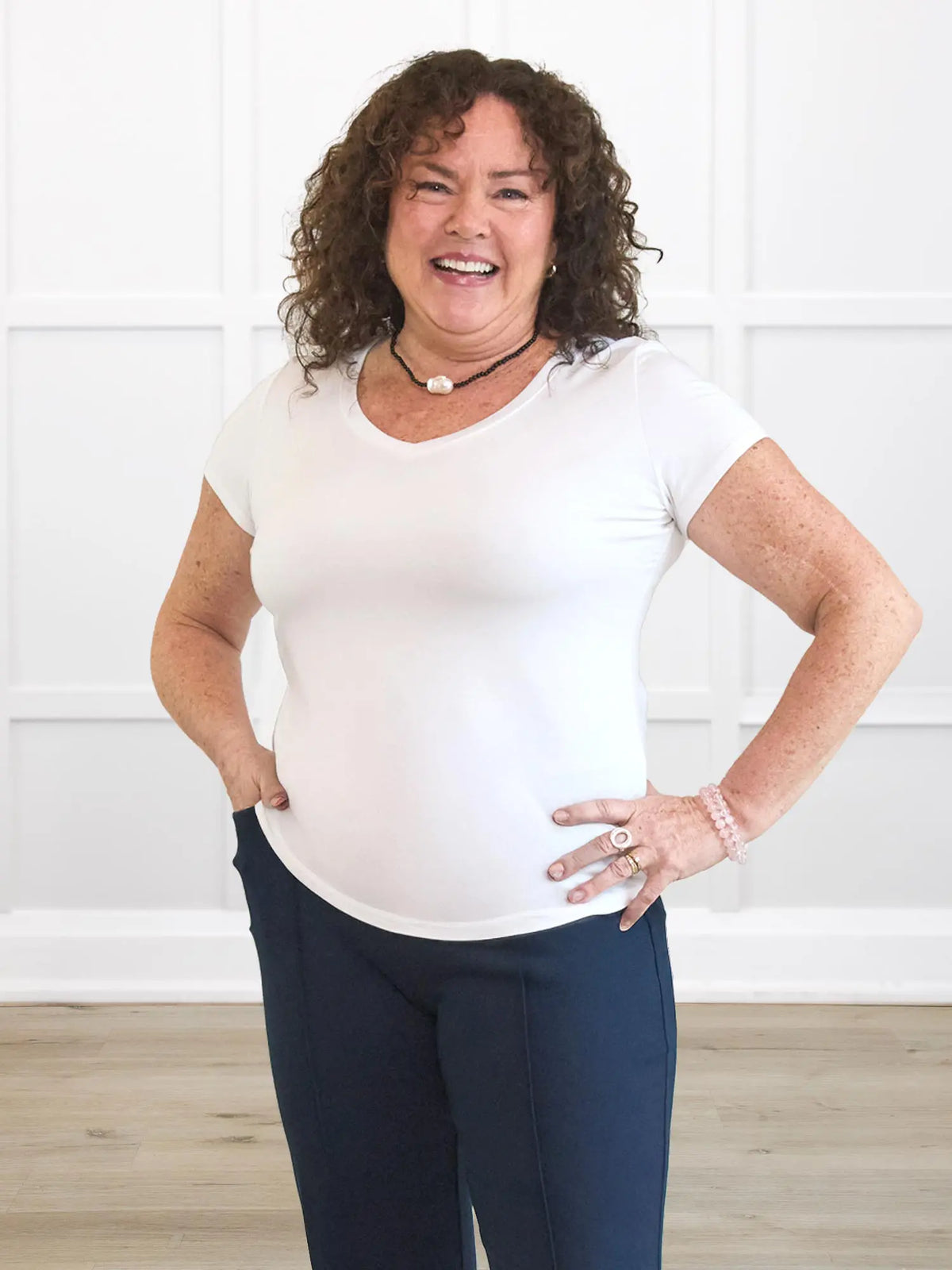 Sutton v neck classic tee for women in White on model Kerri, size M Petite @Kerri-M-petite